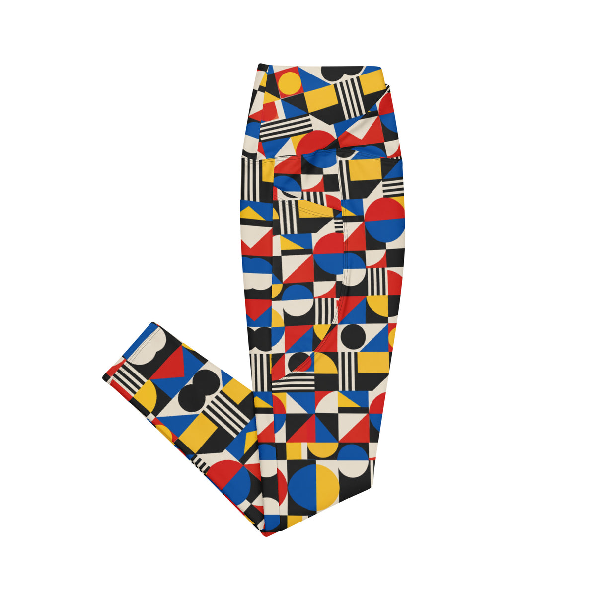 Heritage Bloom Lovers | All-Over Print Crossover Leggings with Pockets — Bauhaus Geometric Abstract Art Pattern by printfluence