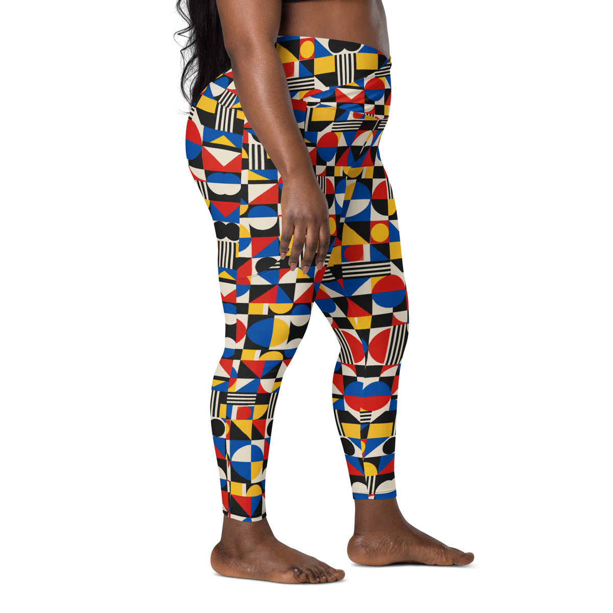Heritage Bloom Lovers | All-Over Print Crossover Leggings with Pockets — Bauhaus Geometric Abstract Art Pattern by printfluence