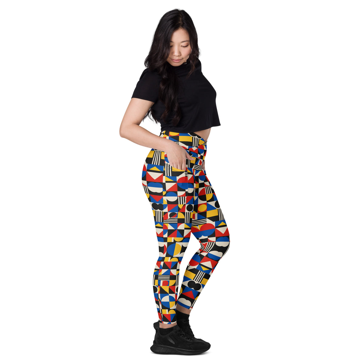Heritage Bloom Lovers | All-Over Print Crossover Leggings with Pockets — Bauhaus Geometric Abstract Art Pattern by printfluence