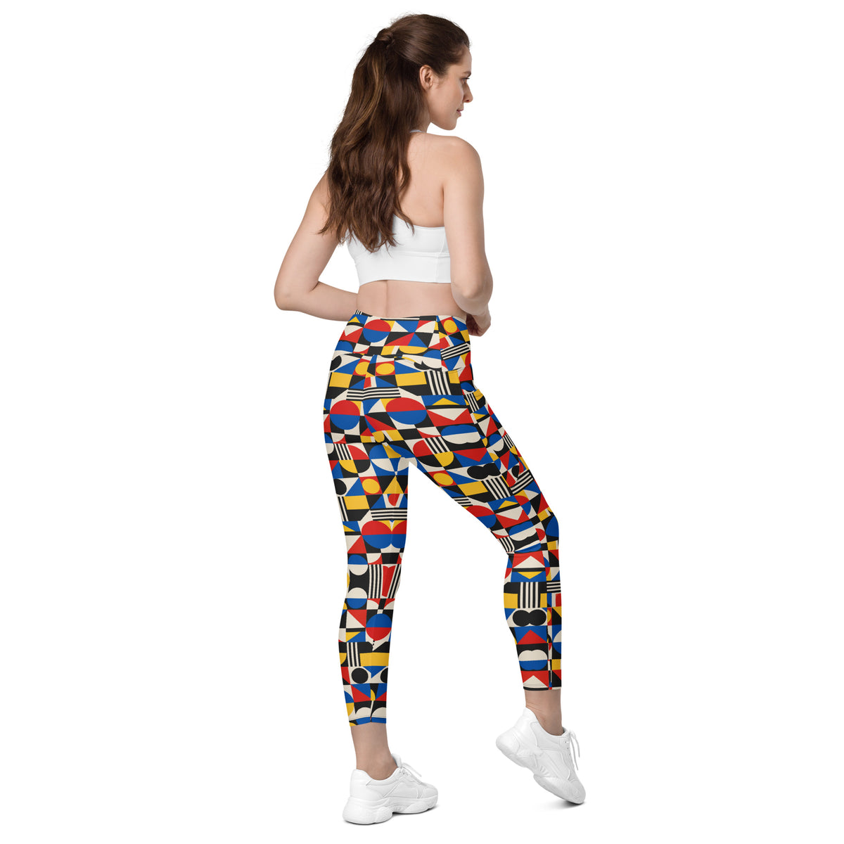 Heritage Bloom Lovers | All-Over Print Crossover Leggings with Pockets — Bauhaus Geometric Abstract Art Pattern by printfluence