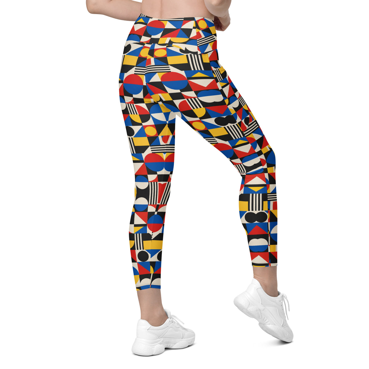 Heritage Bloom Lovers | All-Over Print Crossover Leggings with Pockets — Bauhaus Geometric Abstract Art Pattern by printfluence