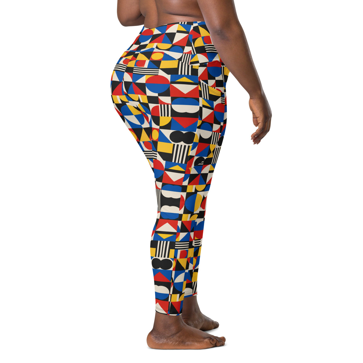 Heritage Bloom Lovers | All-Over Print Crossover Leggings with Pockets — Bauhaus Geometric Abstract Art Pattern by printfluence