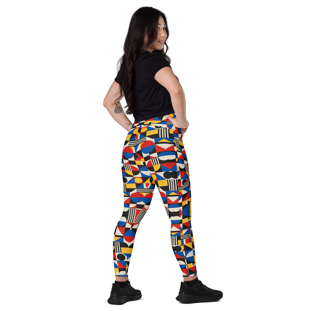 Heritage Bloom Lovers | All-Over Print Crossover Leggings with Pockets — Bauhaus Geometric Abstract Art Pattern by printfluence