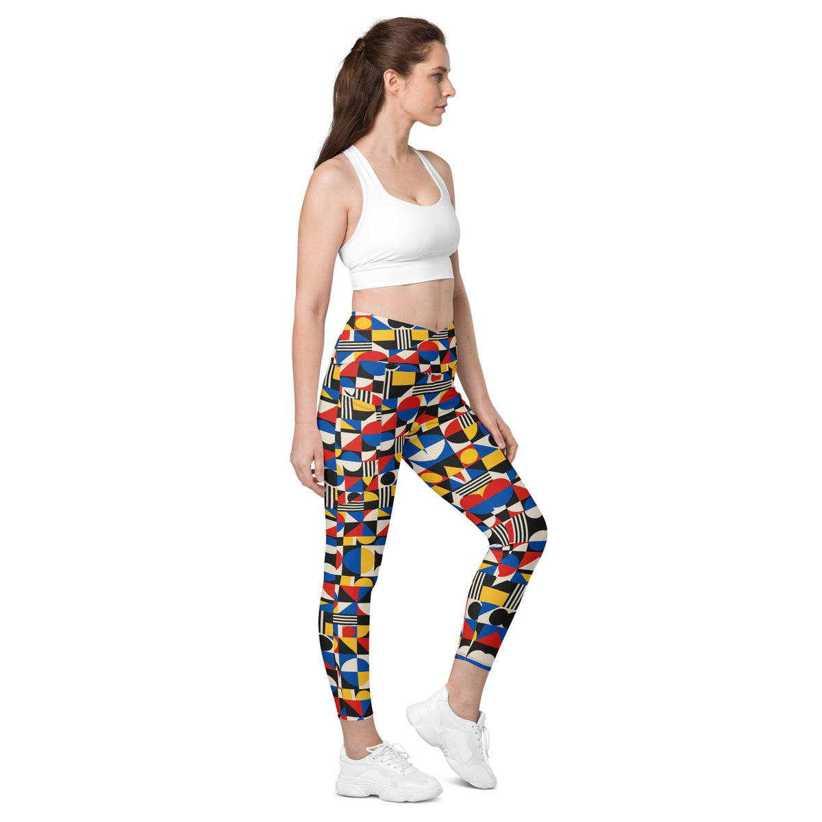 Heritage Bloom Lovers | All-Over Print Crossover Leggings with Pockets — Bauhaus Geometric Abstract Art Pattern by printfluence