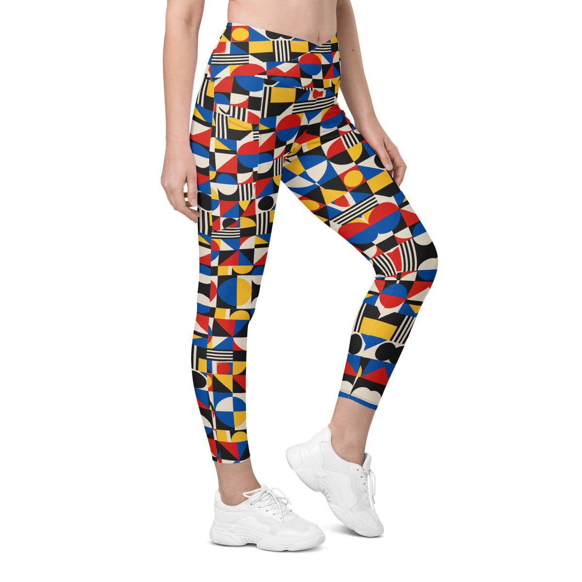 Heritage Bloom Lovers | All-Over Print Crossover Leggings with Pockets — Bauhaus Geometric Abstract Art Pattern by printfluence