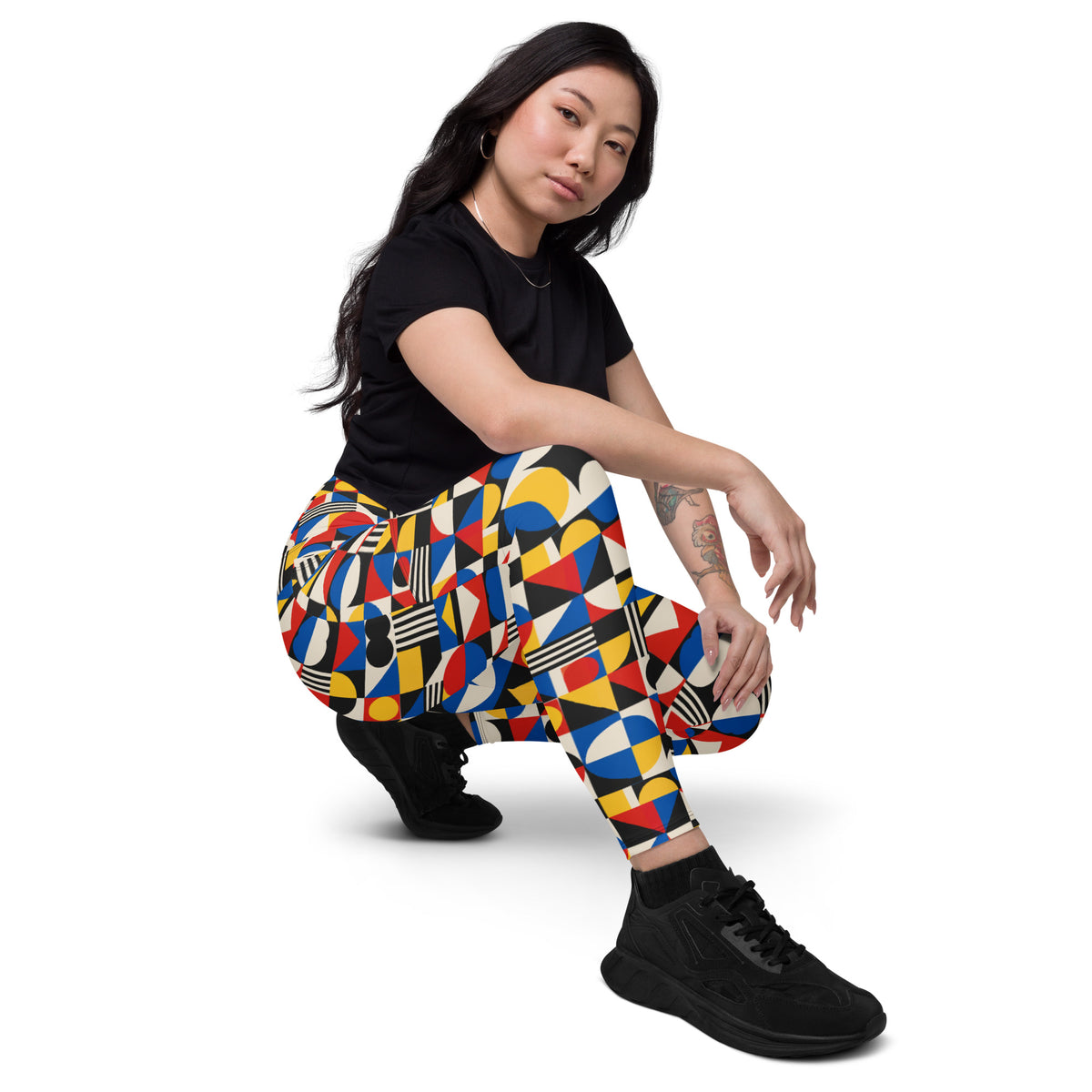 Heritage Bloom Lovers | All-Over Print Crossover Leggings with Pockets — Bauhaus Geometric Abstract Art Pattern by printfluence