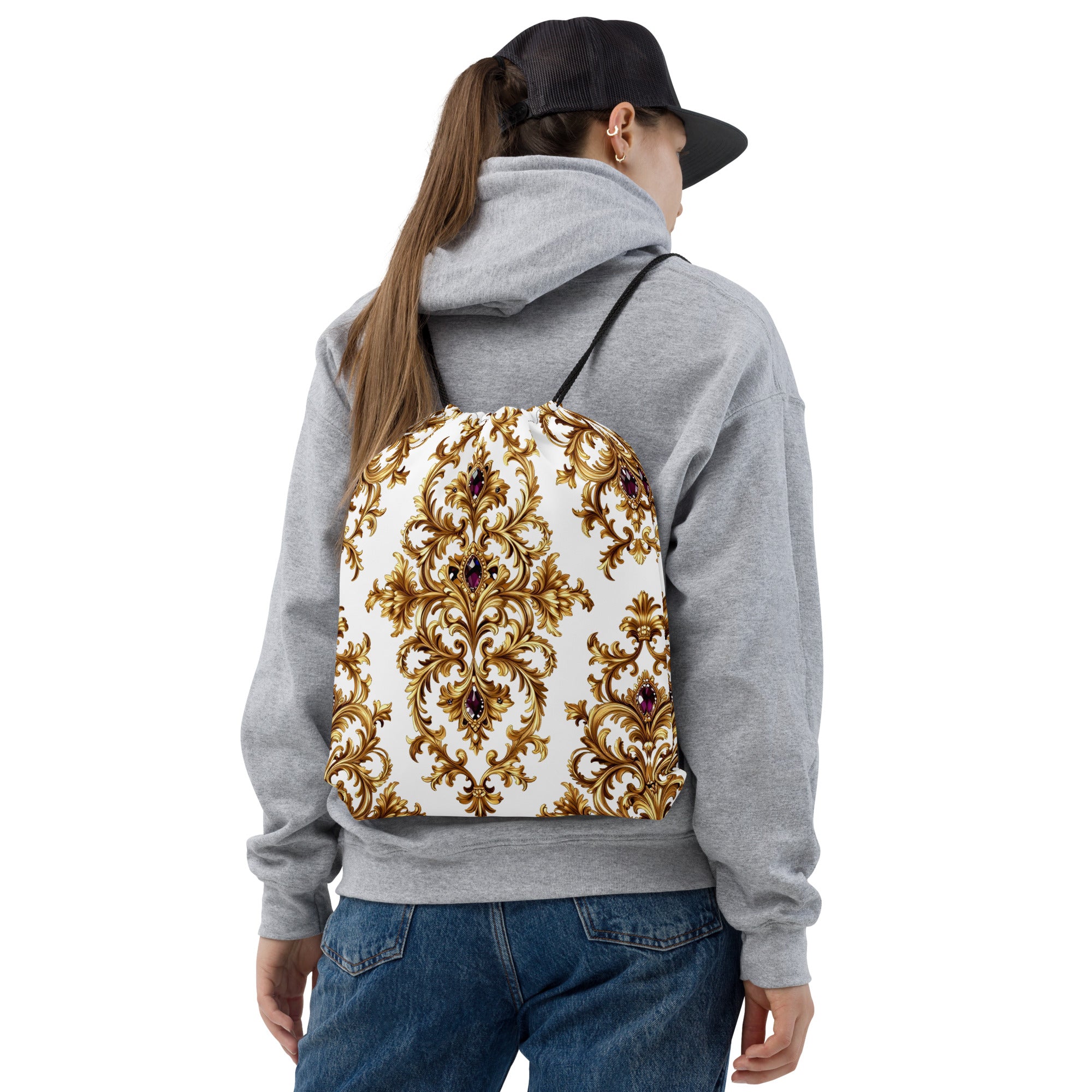 Drawstring bag - Sapphire Gold Filigree Drawstring Bag – For Elite Achievers Worldwide by printfluence.net