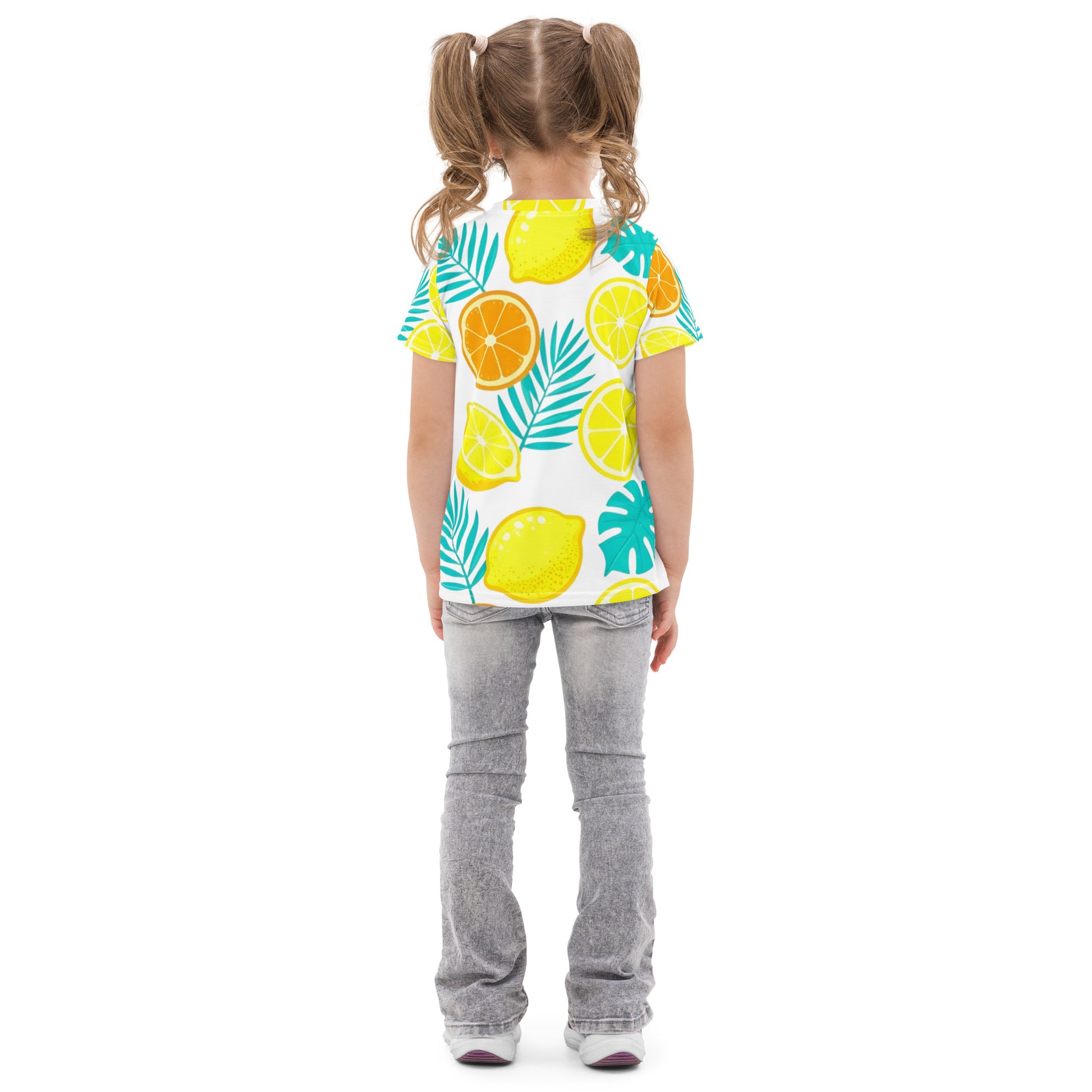 Kids cotton crew neck t-shirt - Lemon Orange Kids T-Shirt – Cute Citrus Fruit & Leaves Crew Neck Tee by printfluence.net