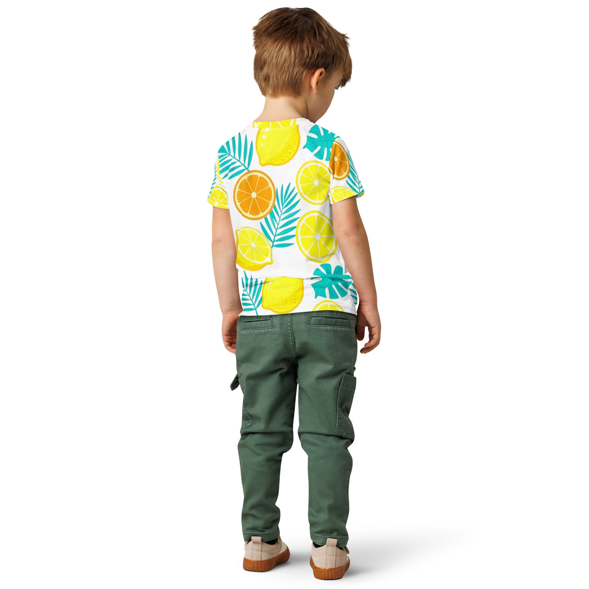 Kids cotton crew neck t-shirt - Lemon Orange Kids T-Shirt – Cute Citrus Fruit & Leaves Crew Neck Tee by printfluence.net