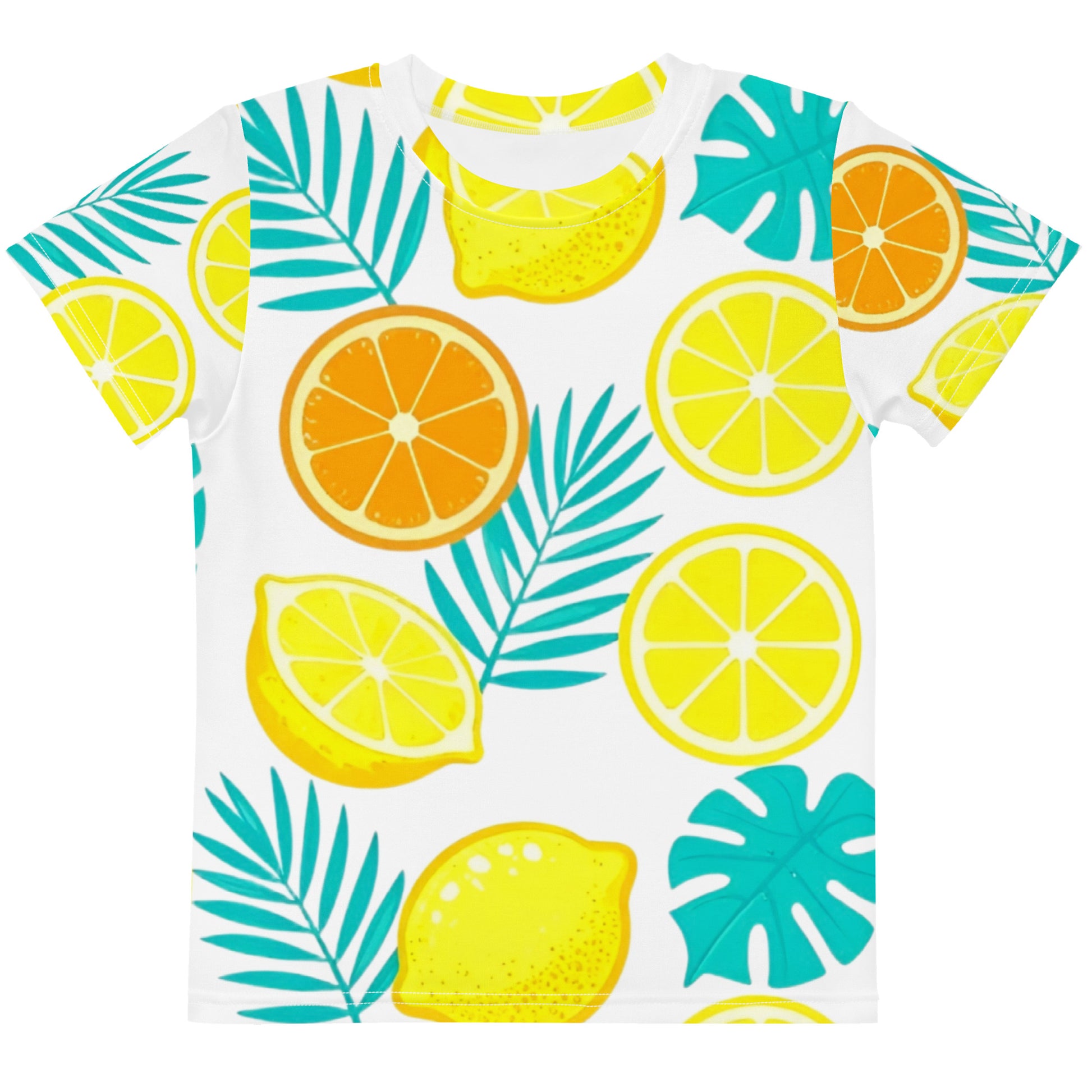 Kids cotton crew neck t-shirt - Lemon Orange Kids T-Shirt – Cute Citrus Fruit & Leaves Crew Neck Tee by printfluence.net