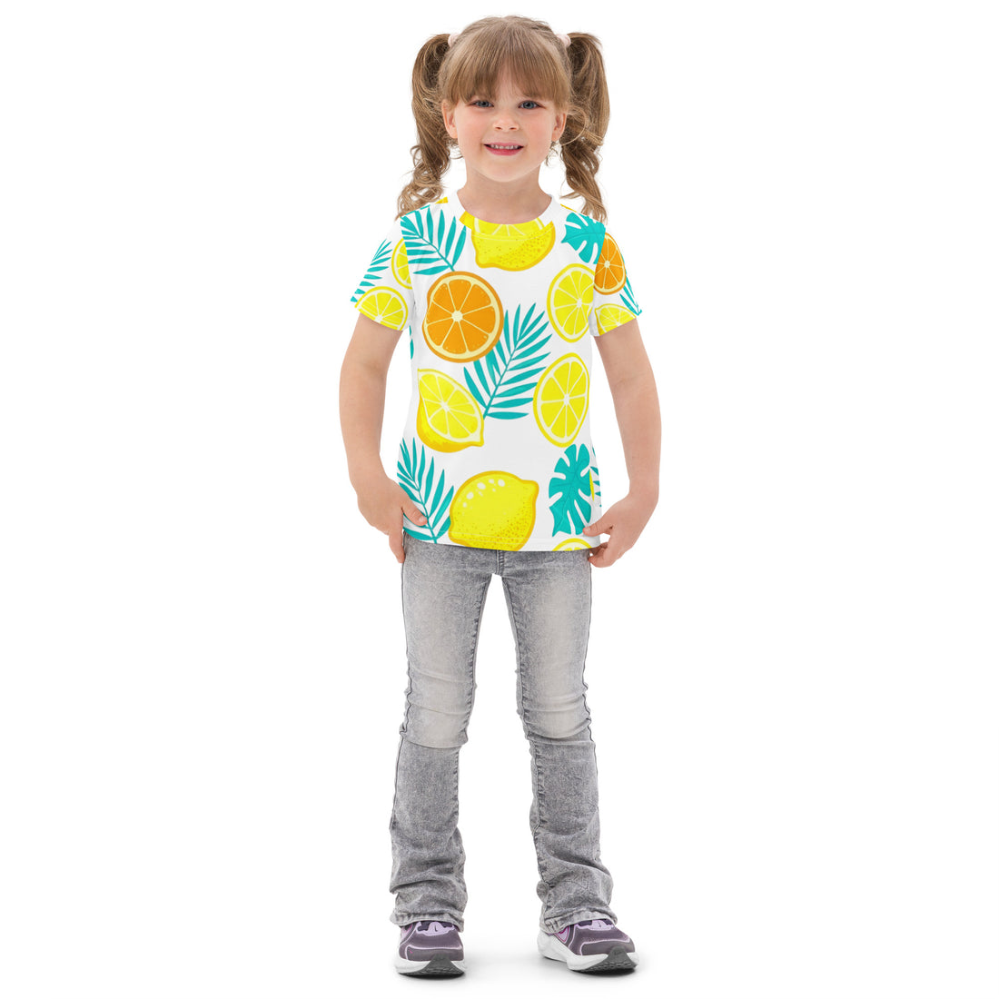 Kids cotton crew neck t-shirt - Lemon Orange Kids T-Shirt – Cute Citrus Fruit & Leaves Crew Neck Tee by printfluence.net