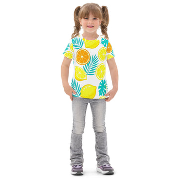 Kids cotton crew neck t-shirt - Lemon Orange Kids T-Shirt – Cute Citrus Fruit & Leaves Crew Neck Tee by printfluence.net