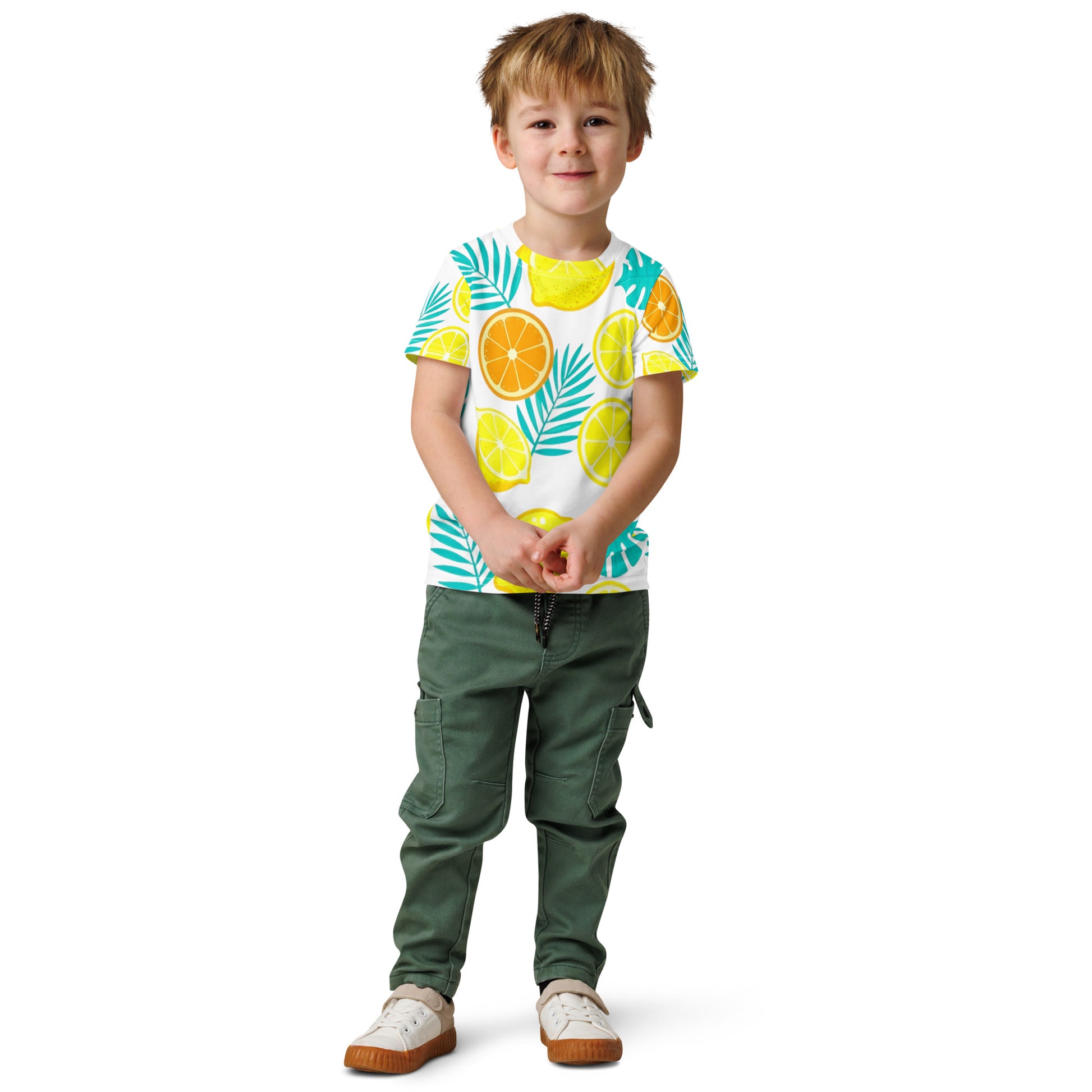 Kids cotton crew neck t-shirt - Lemon Orange Kids T-Shirt – Cute Citrus Fruit & Leaves Crew Neck Tee by printfluence.net
