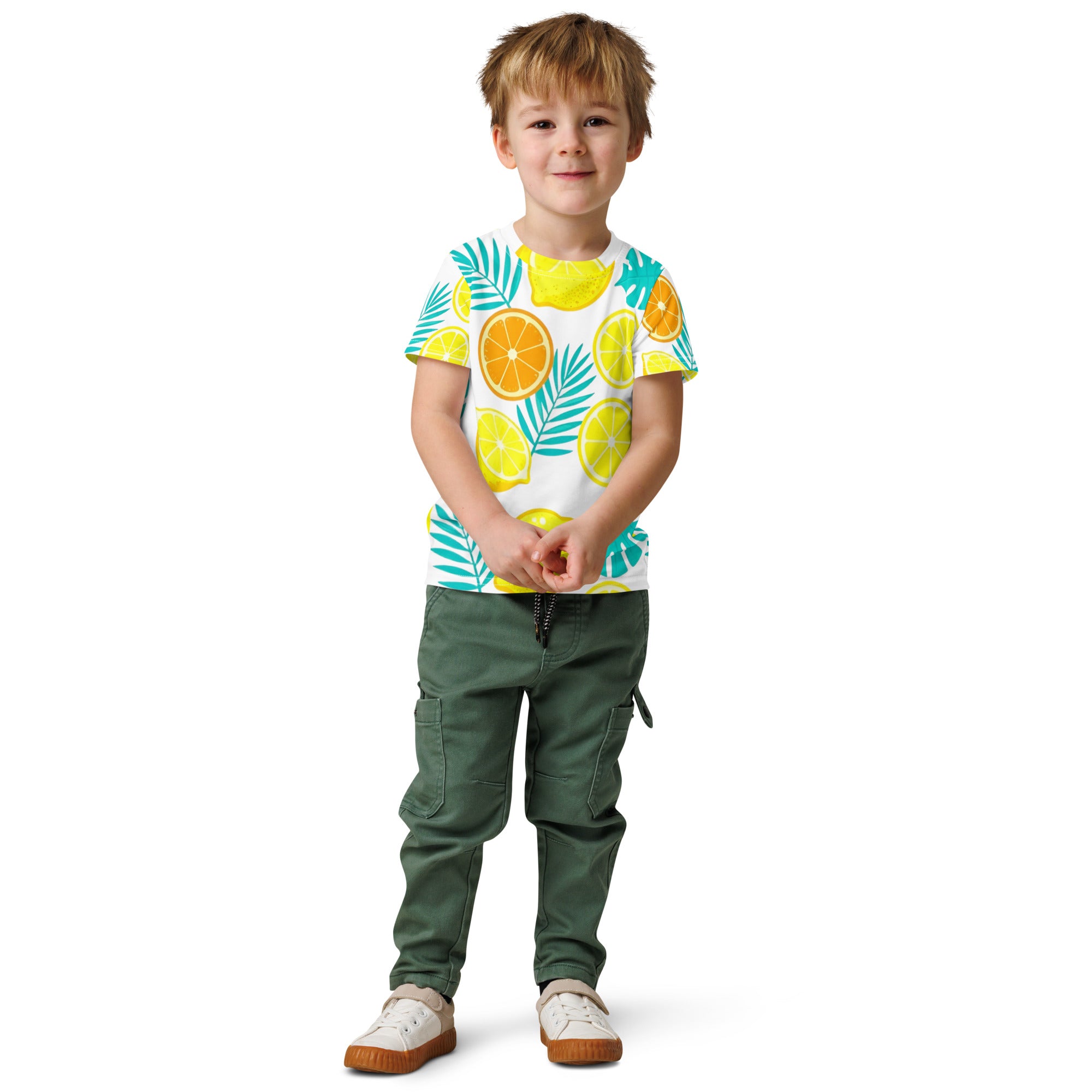 Kids cotton crew neck t-shirt - Lemon Orange Kids T-Shirt – Cute Citrus Fruit & Leaves Crew Neck Tee by printfluence.net