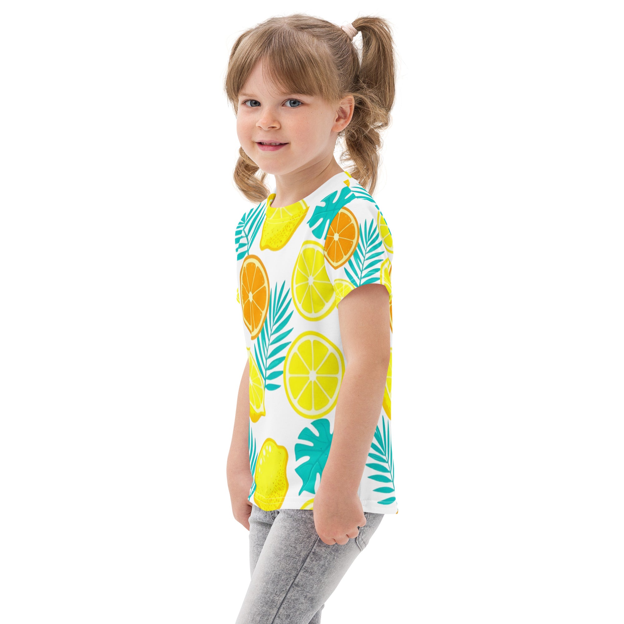 Kids cotton crew neck t-shirt - Lemon Orange Kids T-Shirt – Cute Citrus Fruit & Leaves Crew Neck Tee by printfluence.net