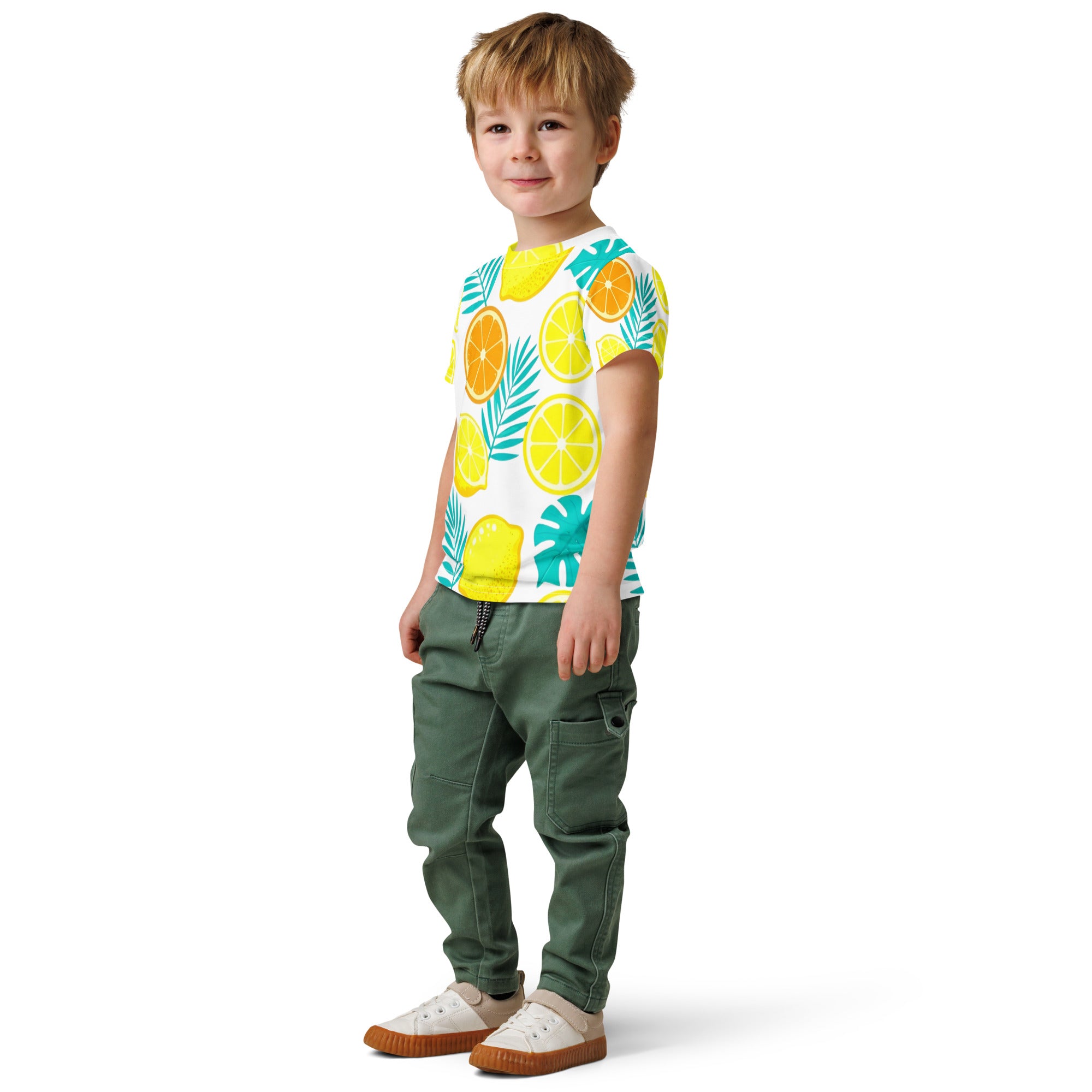 Kids cotton crew neck t-shirt - Lemon Orange Kids T-Shirt – Cute Citrus Fruit & Leaves Crew Neck Tee by printfluence.net
