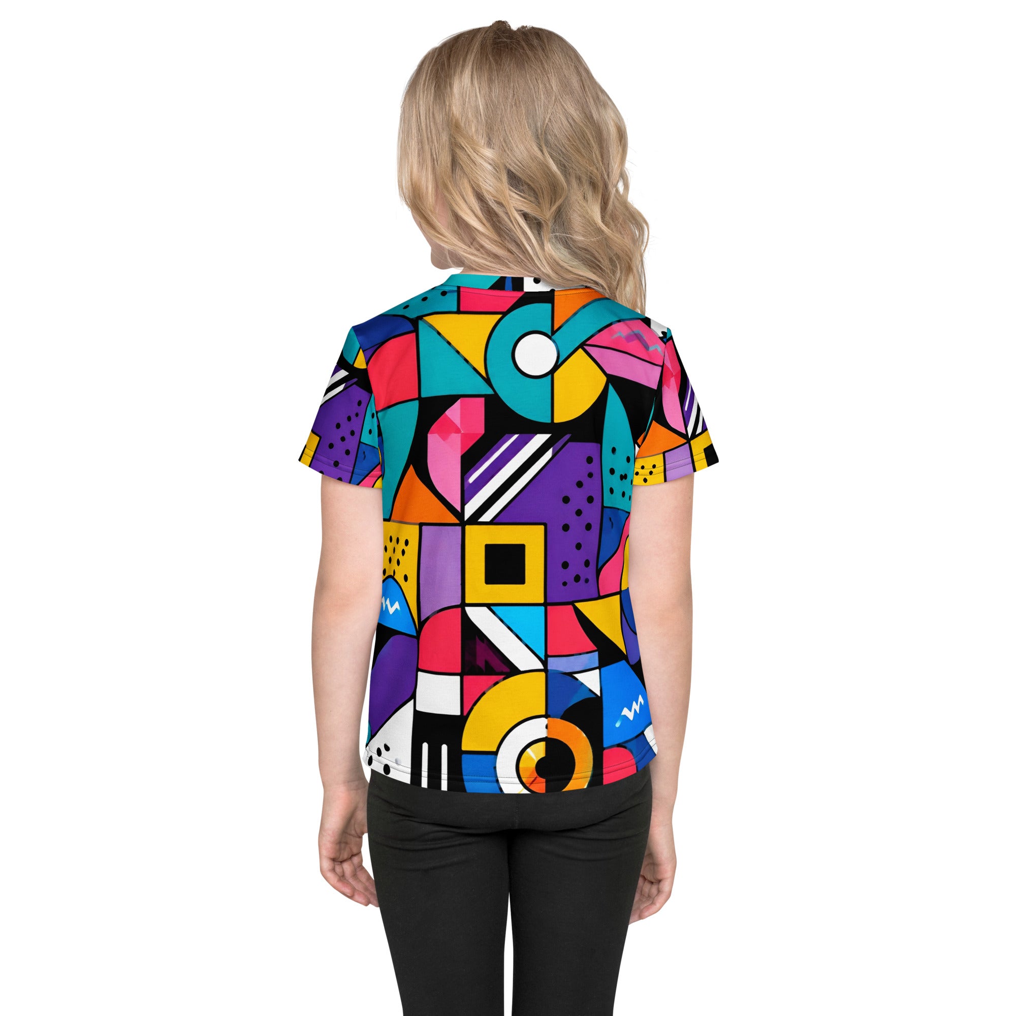 Kids crew neck t-shirt - Modern Geometric Pop Art Kids All-Over Print Tee – Vibrant Abstract Shapes Youth Crew Neck T-Shirt by printfluence.net