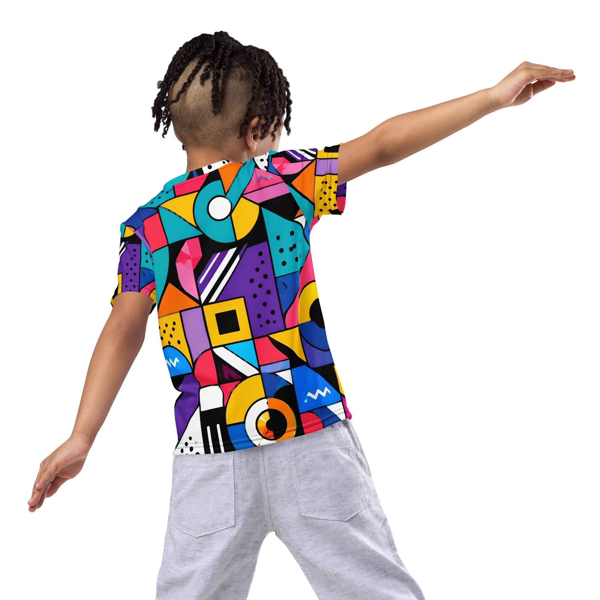 Kids crew neck t-shirt - Modern Geometric Pop Art Kids All-Over Print Tee – Vibrant Abstract Shapes Youth Crew Neck T-Shirt by printfluence.net