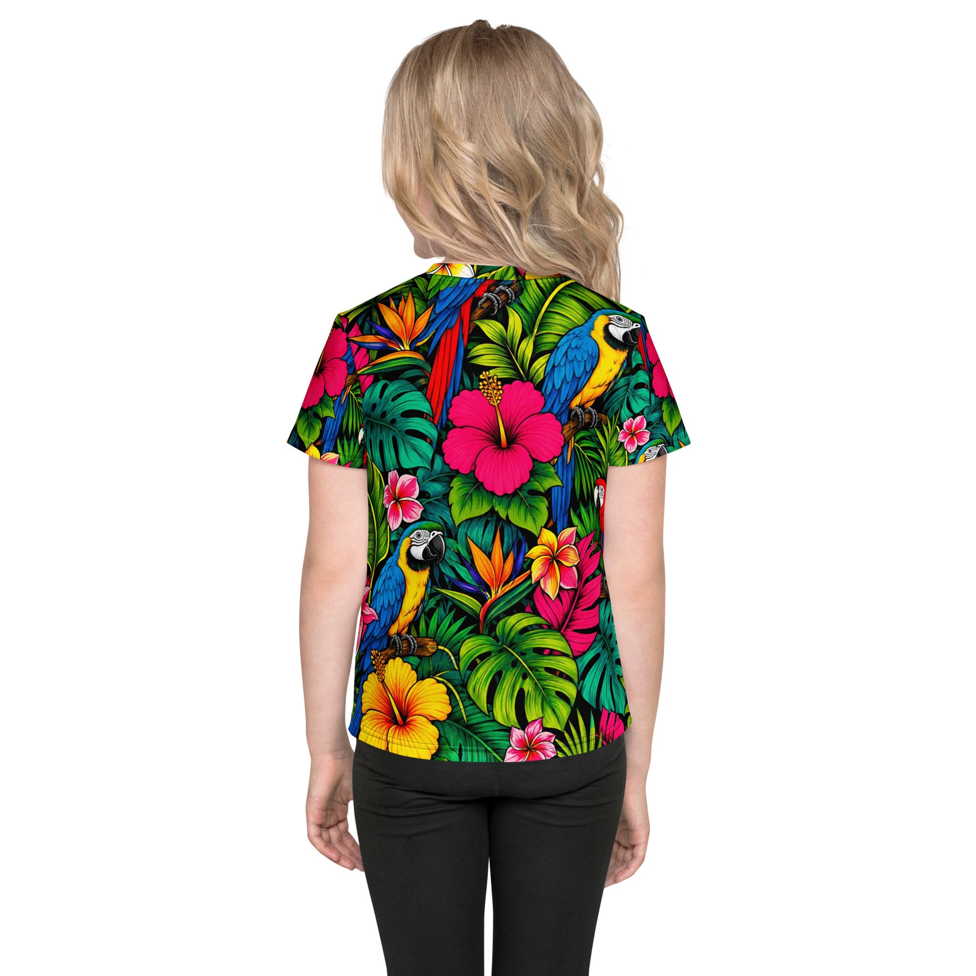 Kids crew neck t-shirt -Vibrant Tropical Parrot Kids All-Over Print Tee – Colorful Macaw Jungle Youth Crew Neck T-Shirt by printfluence.net