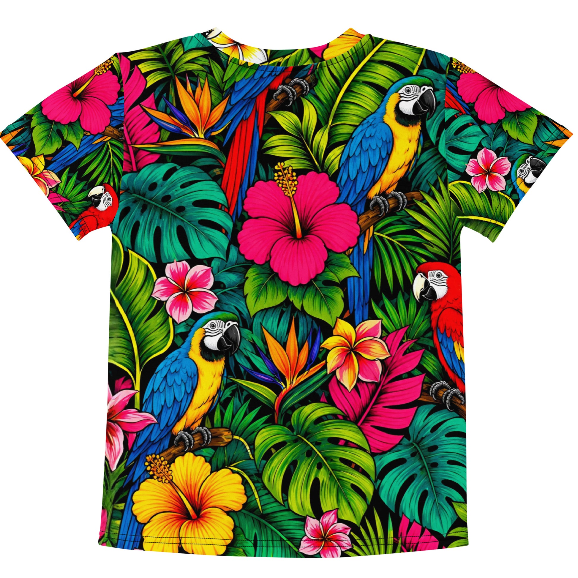 Kids crew neck t-shirt -Vibrant Tropical Parrot Kids All-Over Print Tee – Colorful Macaw Jungle Youth Crew Neck T-Shirt by printfluence.net