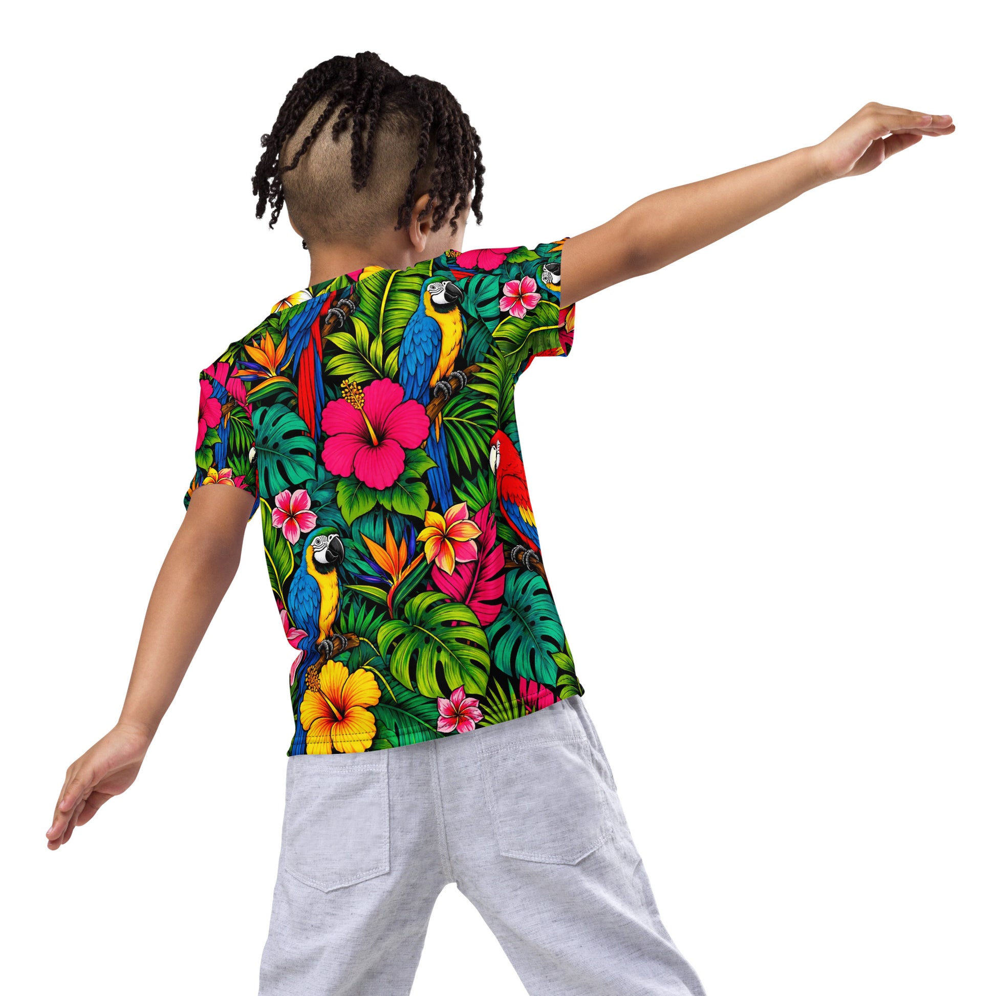 Kids crew neck t-shirt -Vibrant Tropical Parrot Kids All-Over Print Tee – Colorful Macaw Jungle Youth Crew Neck T-Shirt by printfluence.net