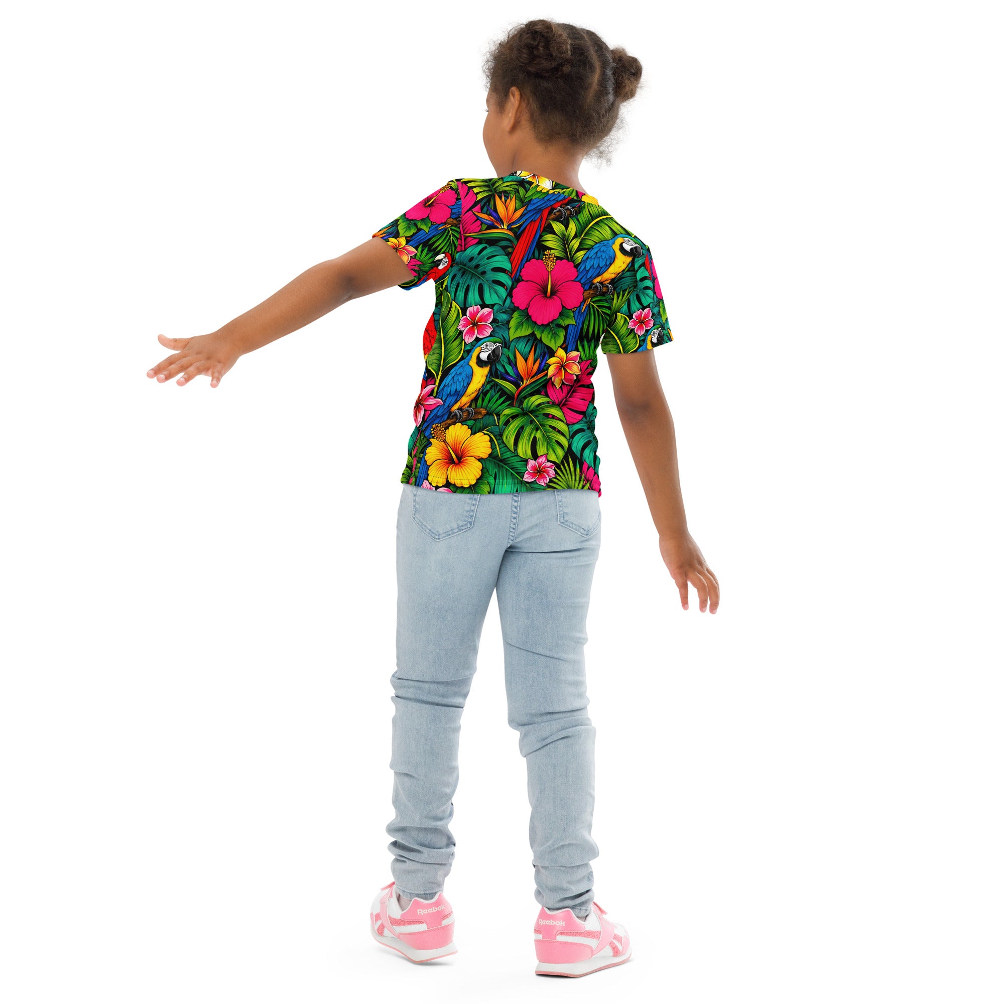 Kids crew neck t-shirt -Vibrant Tropical Parrot Kids All-Over Print Tee – Colorful Macaw Jungle Youth Crew Neck T-Shirt by printfluence.net