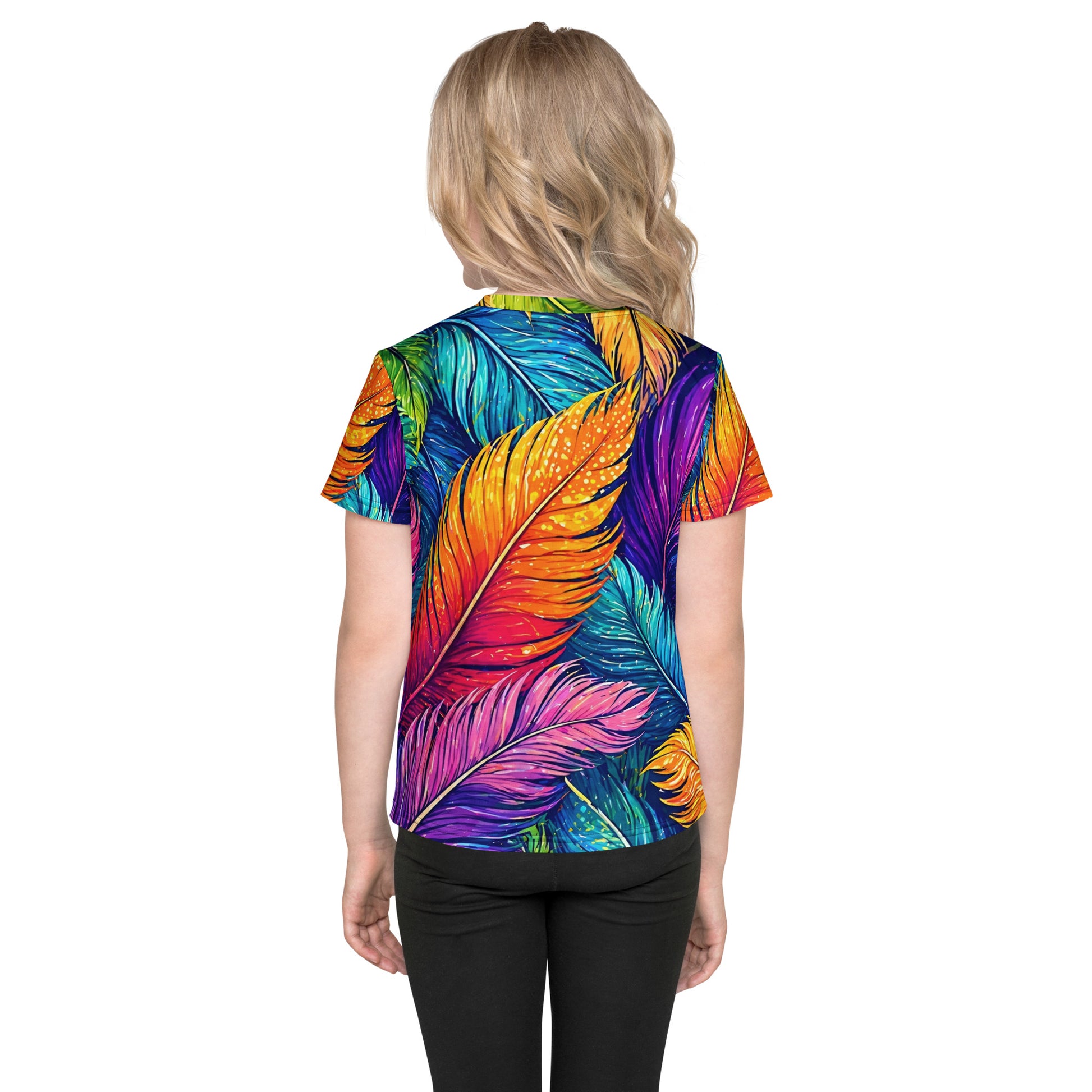 Kids crew neck t-shirt - Vibrant Colorful Feathers Kids All-Over Print Tee – Rainbow Magic Jungle Youth Crew Neck T-Shirt by printfluence.net