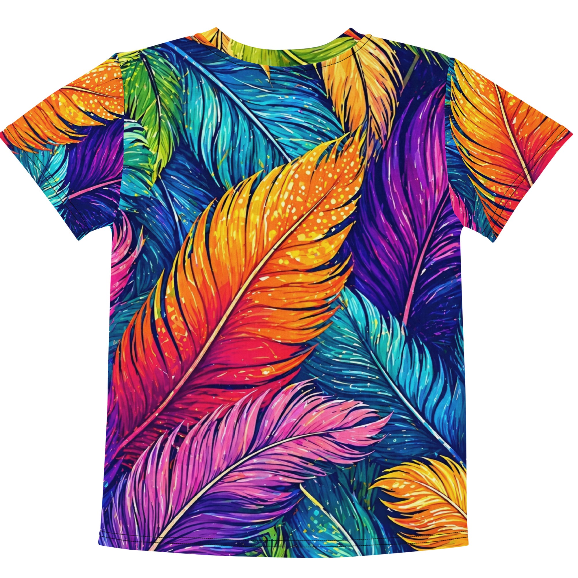 Kids crew neck t-shirt - Vibrant Colorful Feathers Kids All-Over Print Tee – Rainbow Magic Jungle Youth Crew Neck T-Shirt by printfluence.net