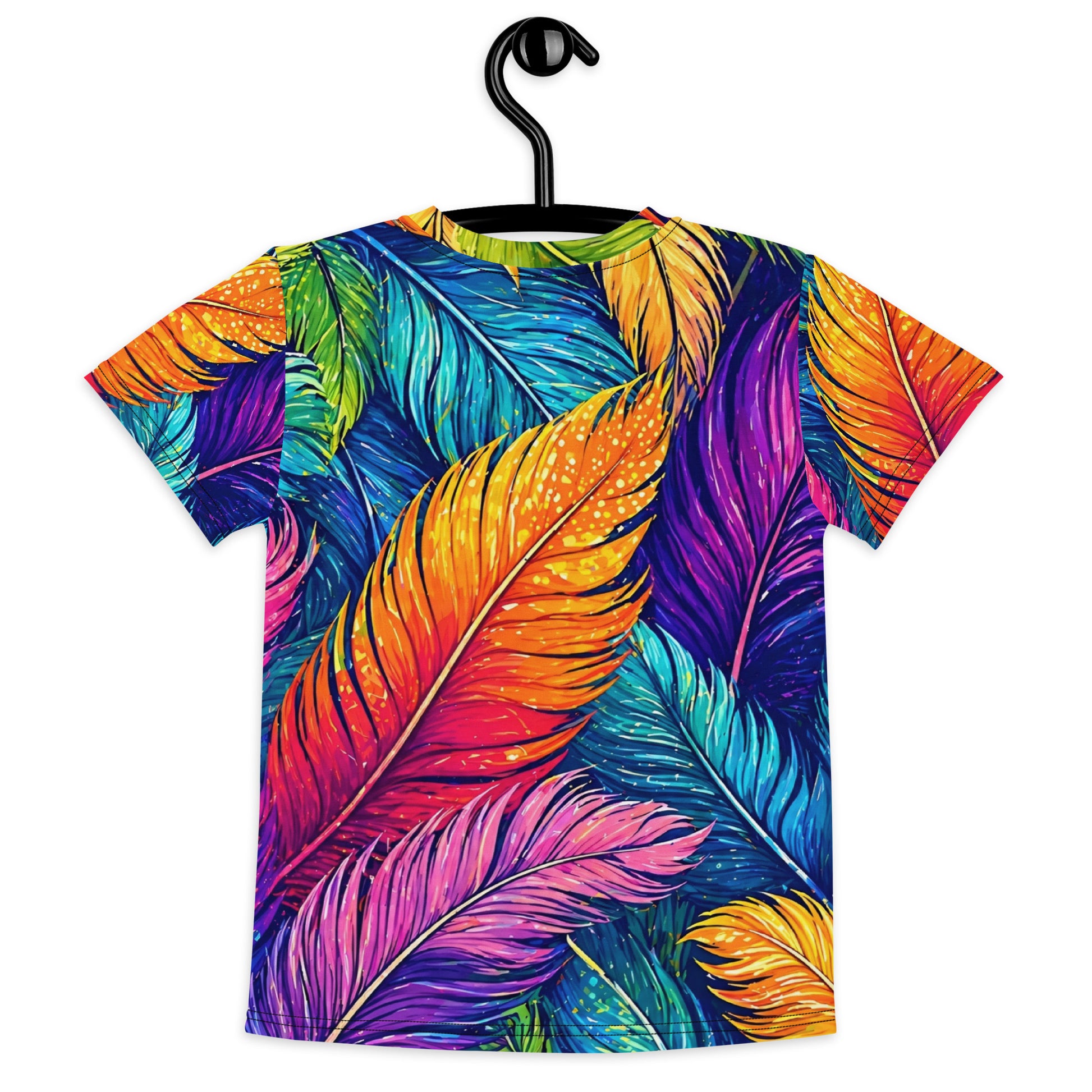 Kids crew neck t-shirt - Vibrant Colorful Feathers Kids All-Over Print Tee – Rainbow Magic Jungle Youth Crew Neck T-Shirt by printfluence.net
