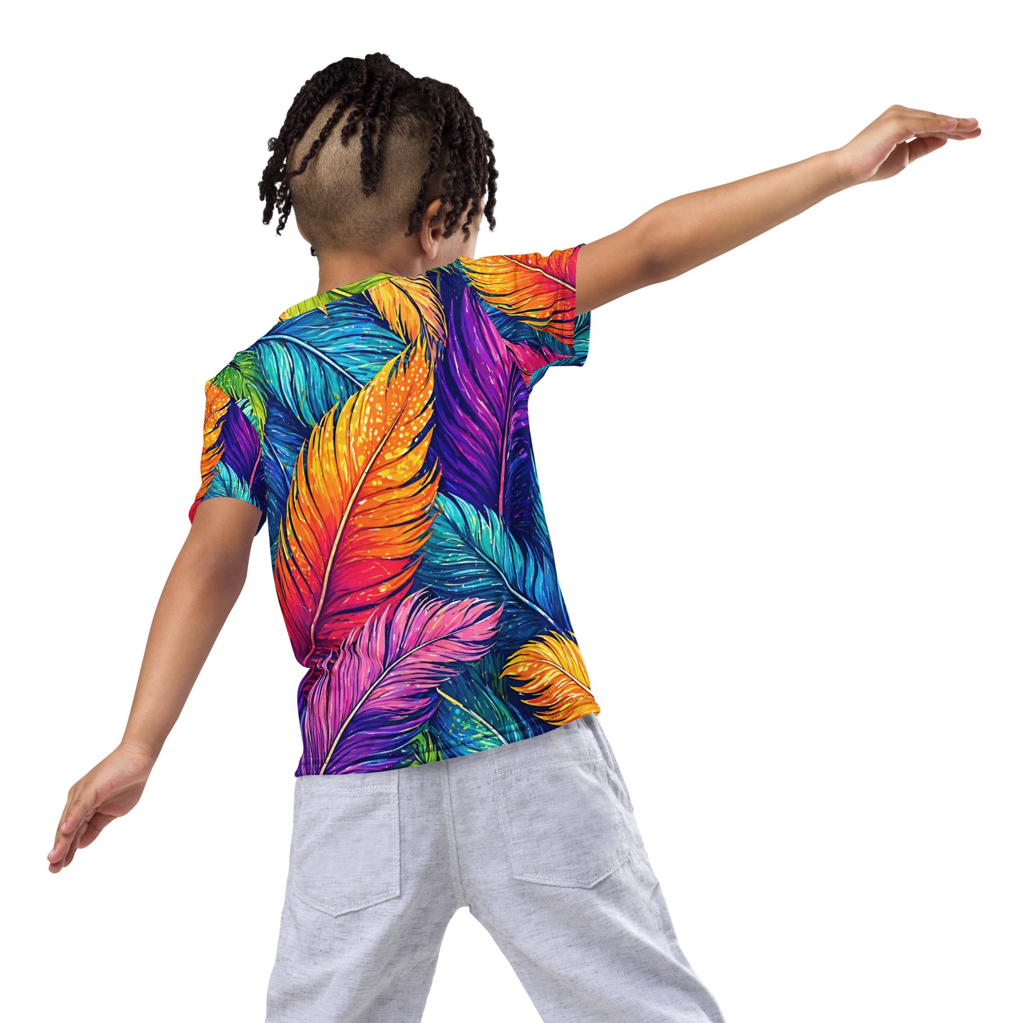 Kids crew neck t-shirt - Vibrant Colorful Feathers Kids All-Over Print Tee – Rainbow Magic Jungle Youth Crew Neck T-Shirt by printfluence.net