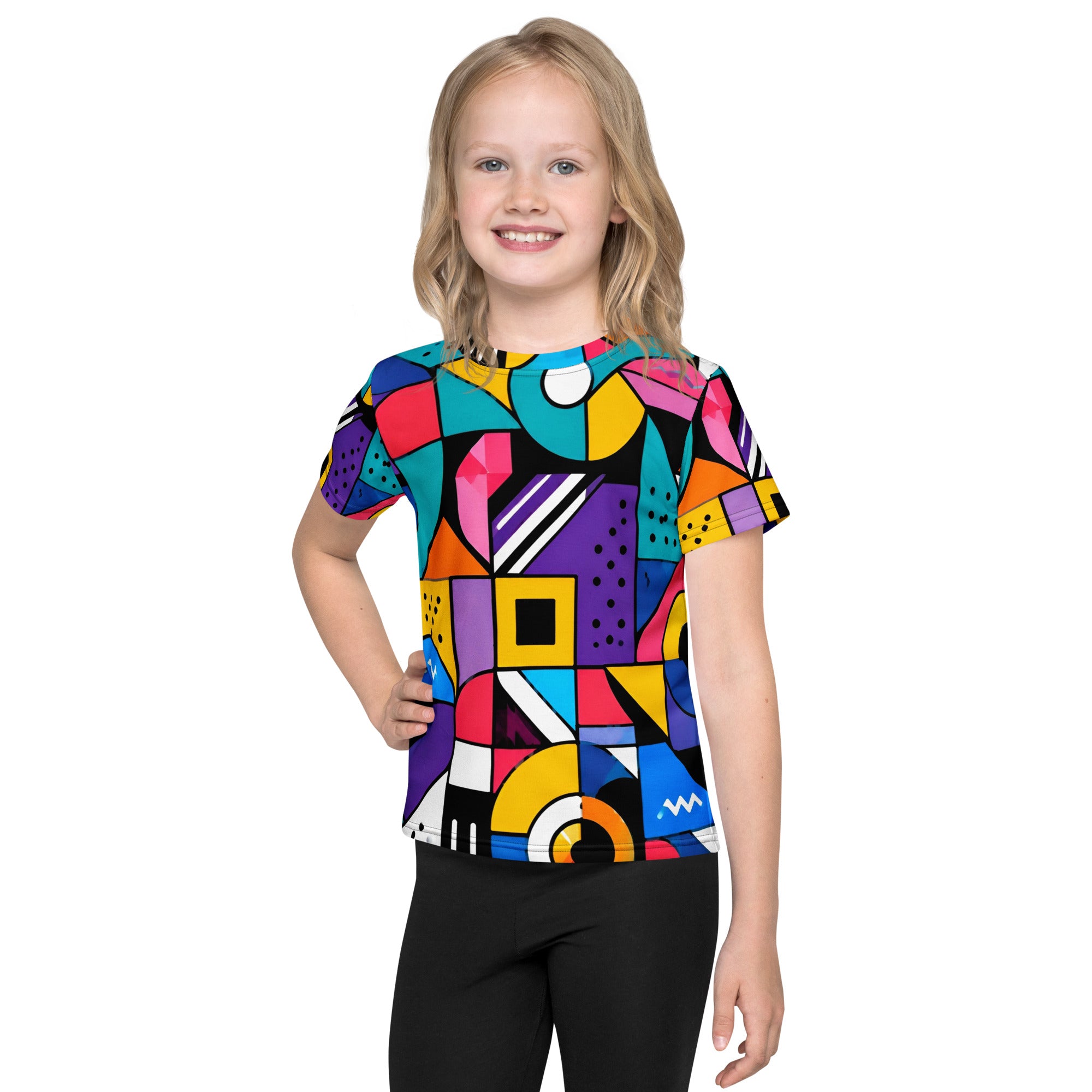 Kids crew neck t-shirt - Modern Geometric Pop Art Kids All-Over Print Tee – Vibrant Abstract Shapes Youth Crew Neck T-Shirt by printfluence.net