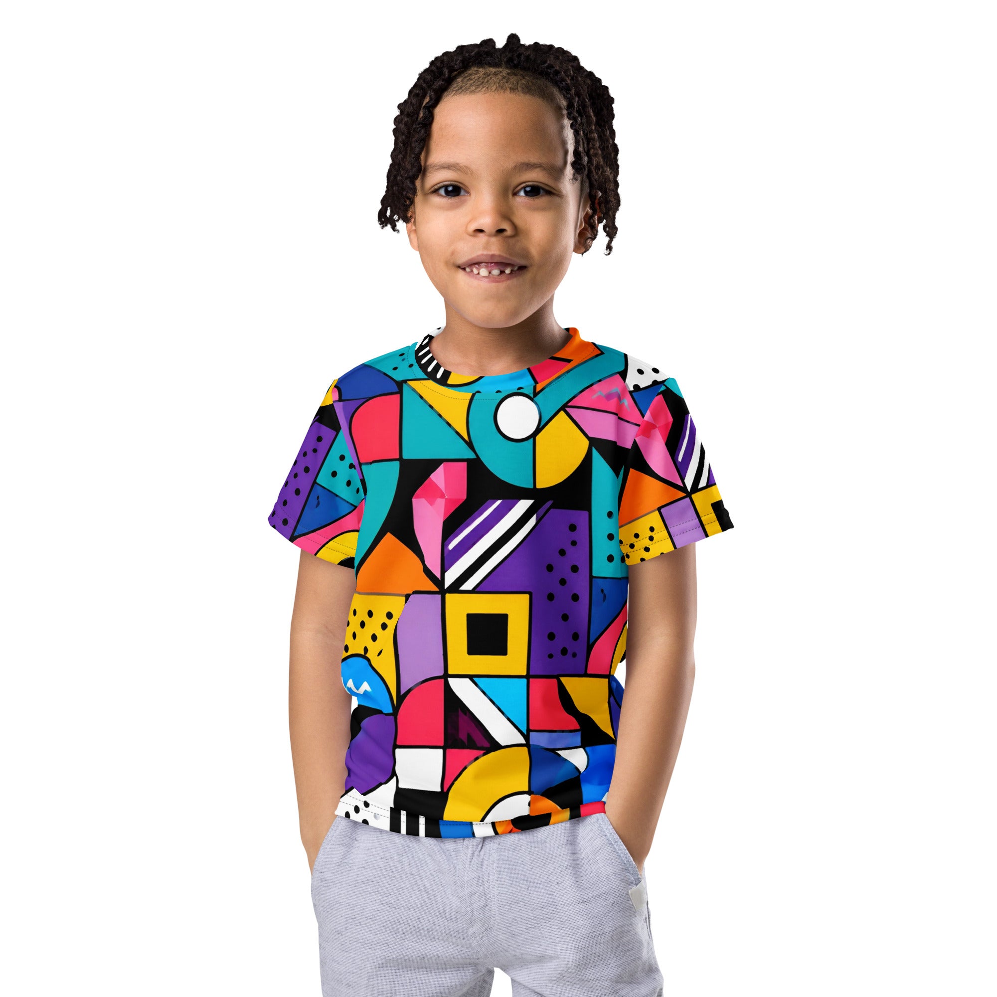 Kids crew neck t-shirt - Modern Geometric Pop Art Kids All-Over Print Tee – Vibrant Abstract Shapes Youth Crew Neck T-Shirt by printfluence.net