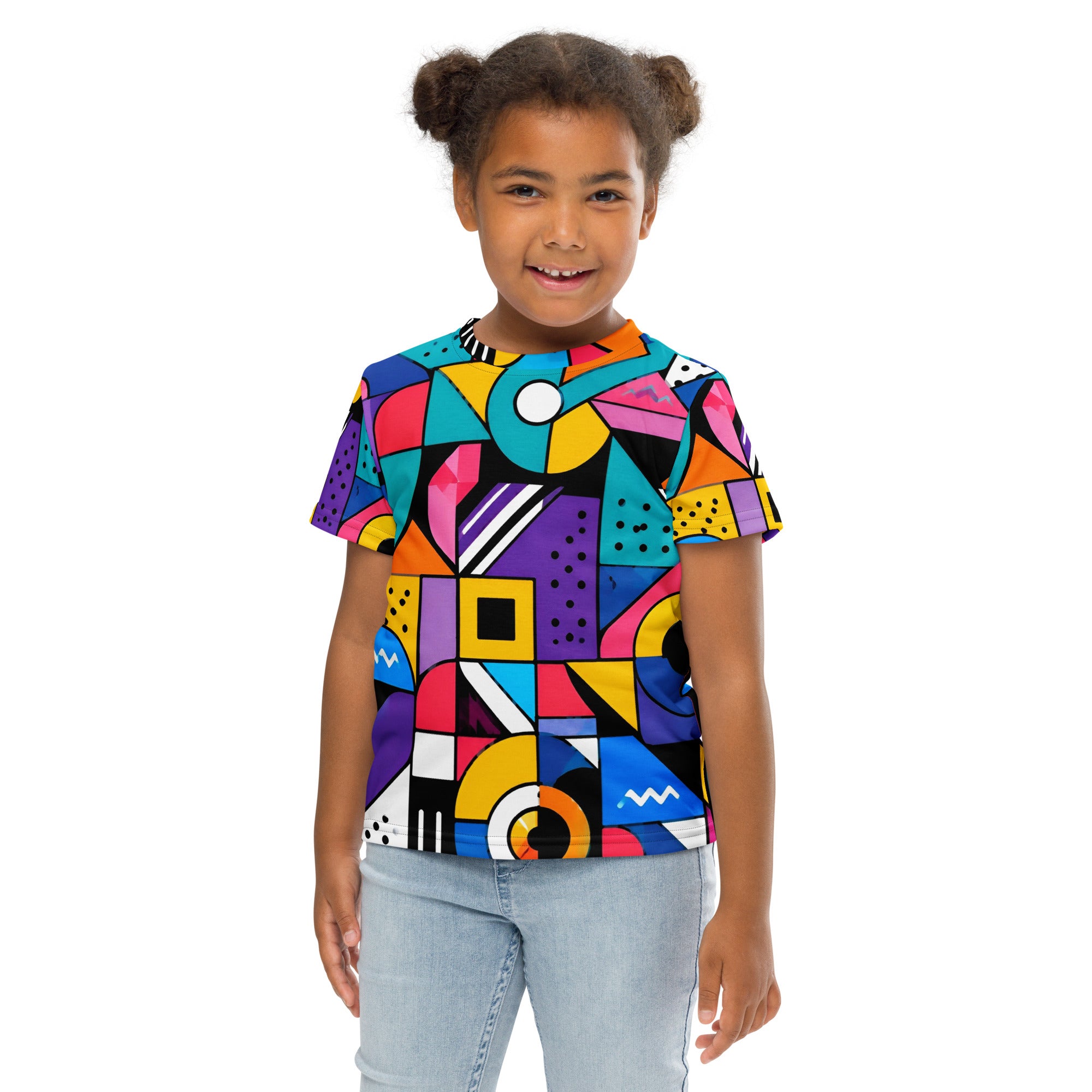 Kids crew neck t-shirt - Modern Geometric Pop Art Kids All-Over Print Tee – Vibrant Abstract Shapes Youth Crew Neck T-Shirt by printfluence.net