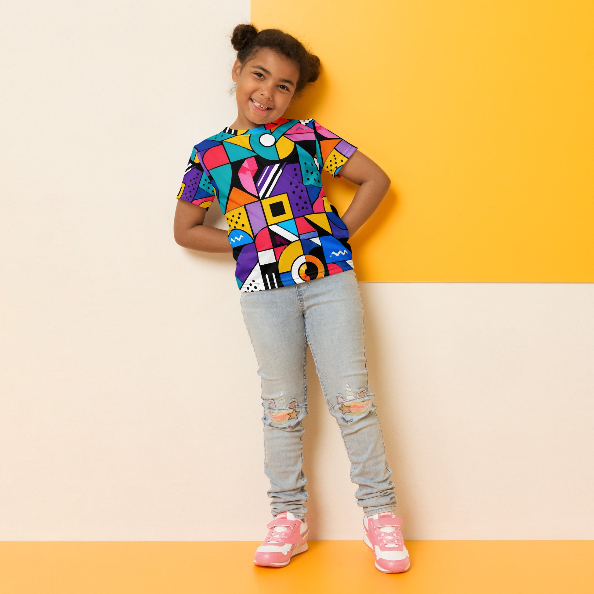 Kids crew neck t-shirt - Modern Geometric Pop Art Kids All-Over Print Tee – Vibrant Abstract Shapes Youth Crew Neck T-Shirt by printfluence.net