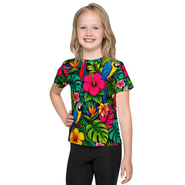 Kids crew neck t-shirt -Vibrant Tropical Parrot Kids All-Over Print Tee – Colorful Macaw Jungle Youth Crew Neck T-Shirt by printfluence.net