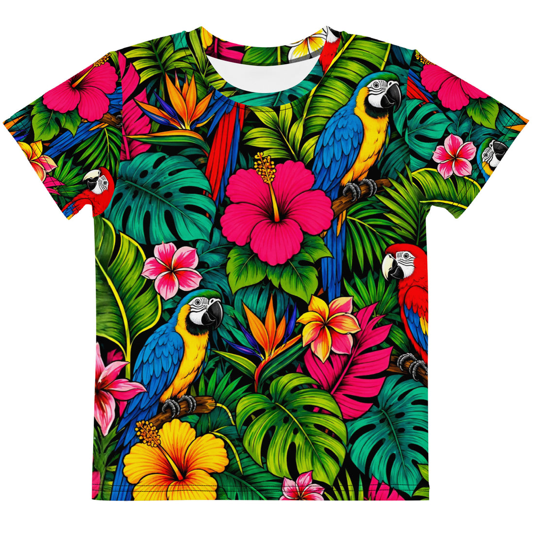 Kids crew neck t-shirt -Vibrant Tropical Parrot Kids All-Over Print Tee – Colorful Macaw Jungle Youth Crew Neck T-Shirt by printfluence.net