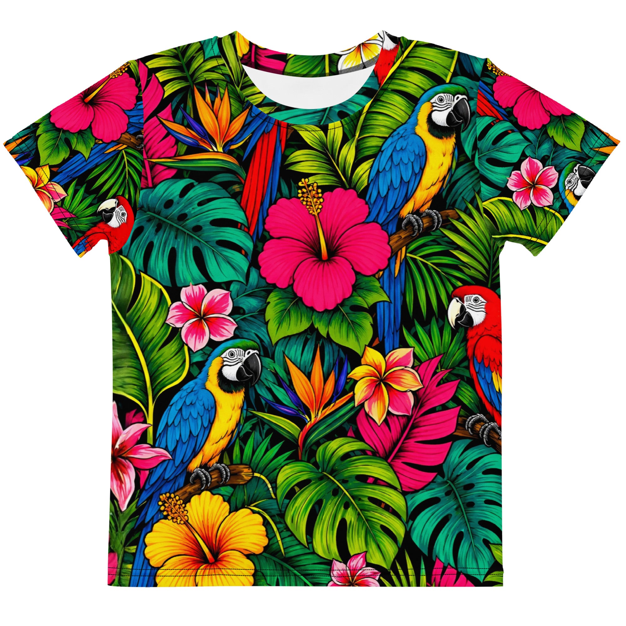 Kids crew neck t-shirt -Vibrant Tropical Parrot Kids All-Over Print Tee – Colorful Macaw Jungle Youth Crew Neck T-Shirt by printfluence.net
