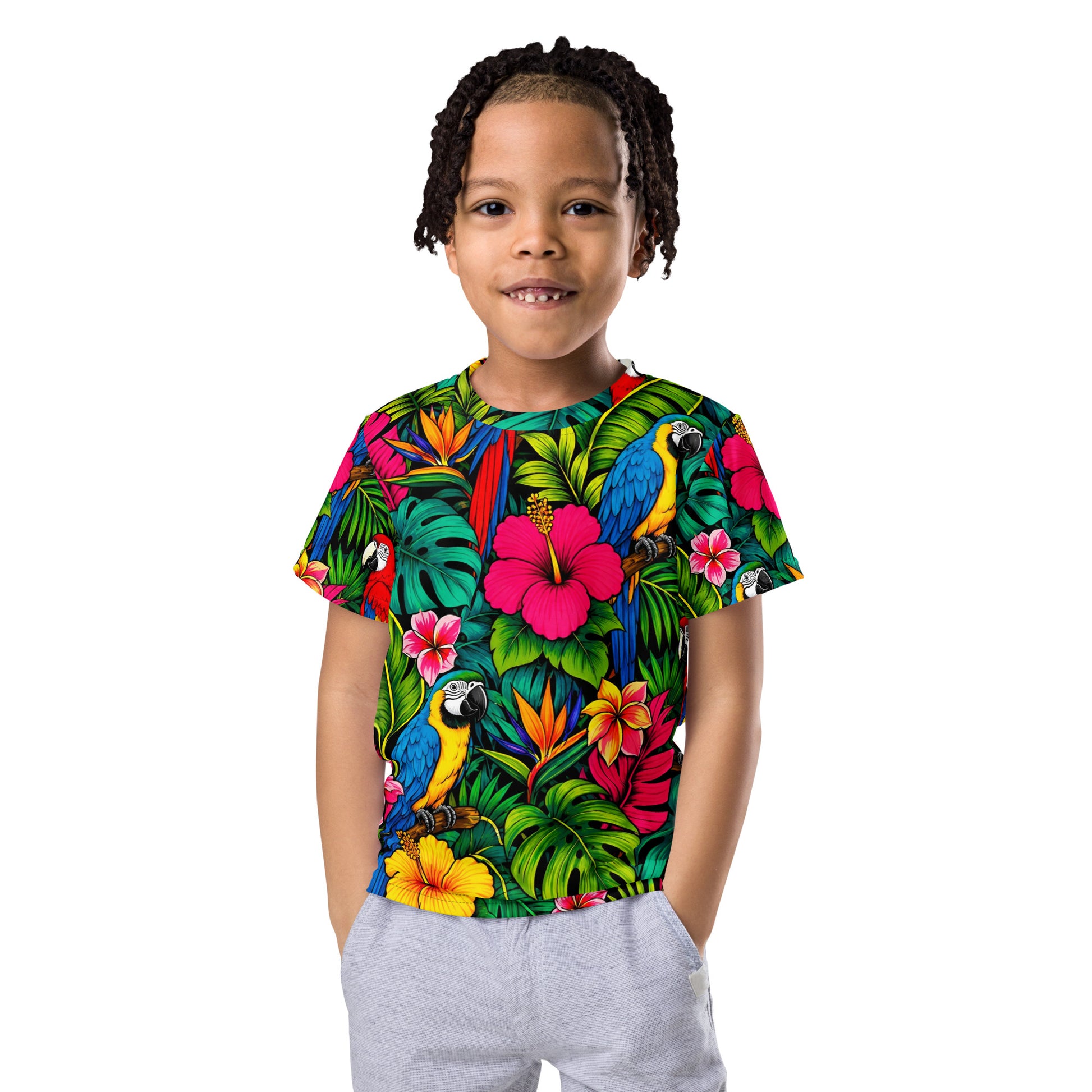 Kids crew neck t-shirt -Vibrant Tropical Parrot Kids All-Over Print Tee – Colorful Macaw Jungle Youth Crew Neck T-Shirt by printfluence.net