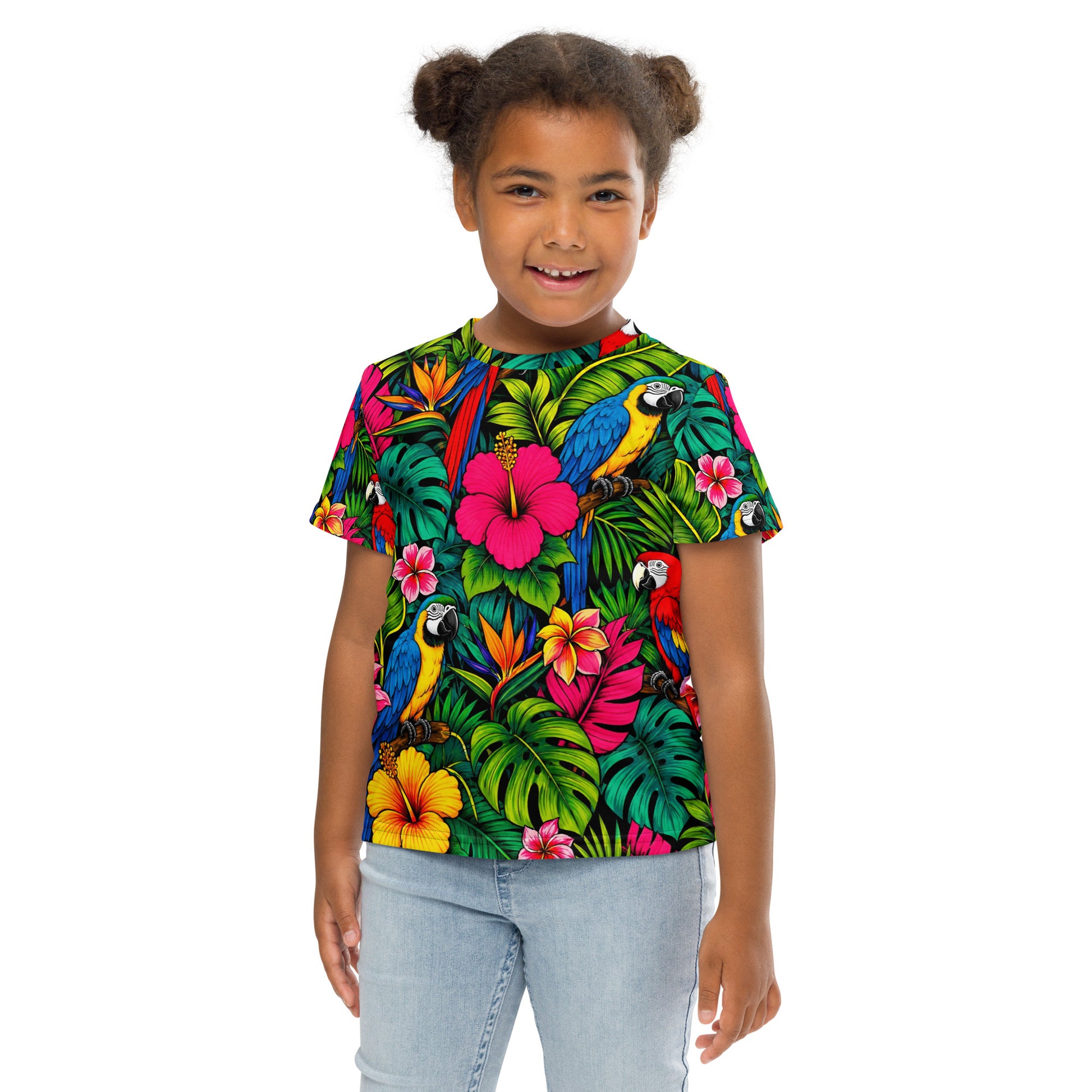 Kids crew neck t-shirt -Vibrant Tropical Parrot Kids All-Over Print Tee – Colorful Macaw Jungle Youth Crew Neck T-Shirt by printfluence.net
