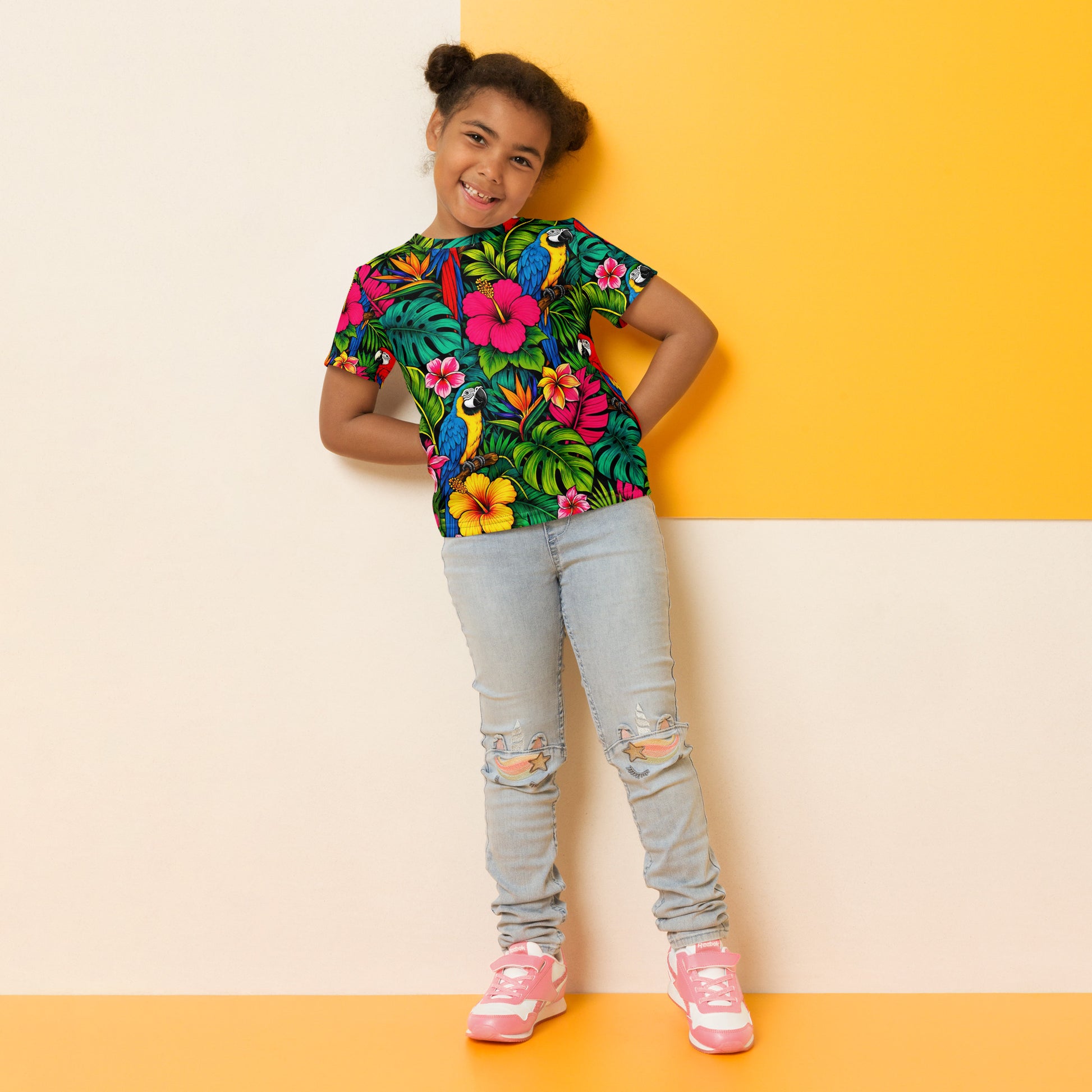 Kids crew neck t-shirt -Vibrant Tropical Parrot Kids All-Over Print Tee – Colorful Macaw Jungle Youth Crew Neck T-Shirt by printfluence.net
