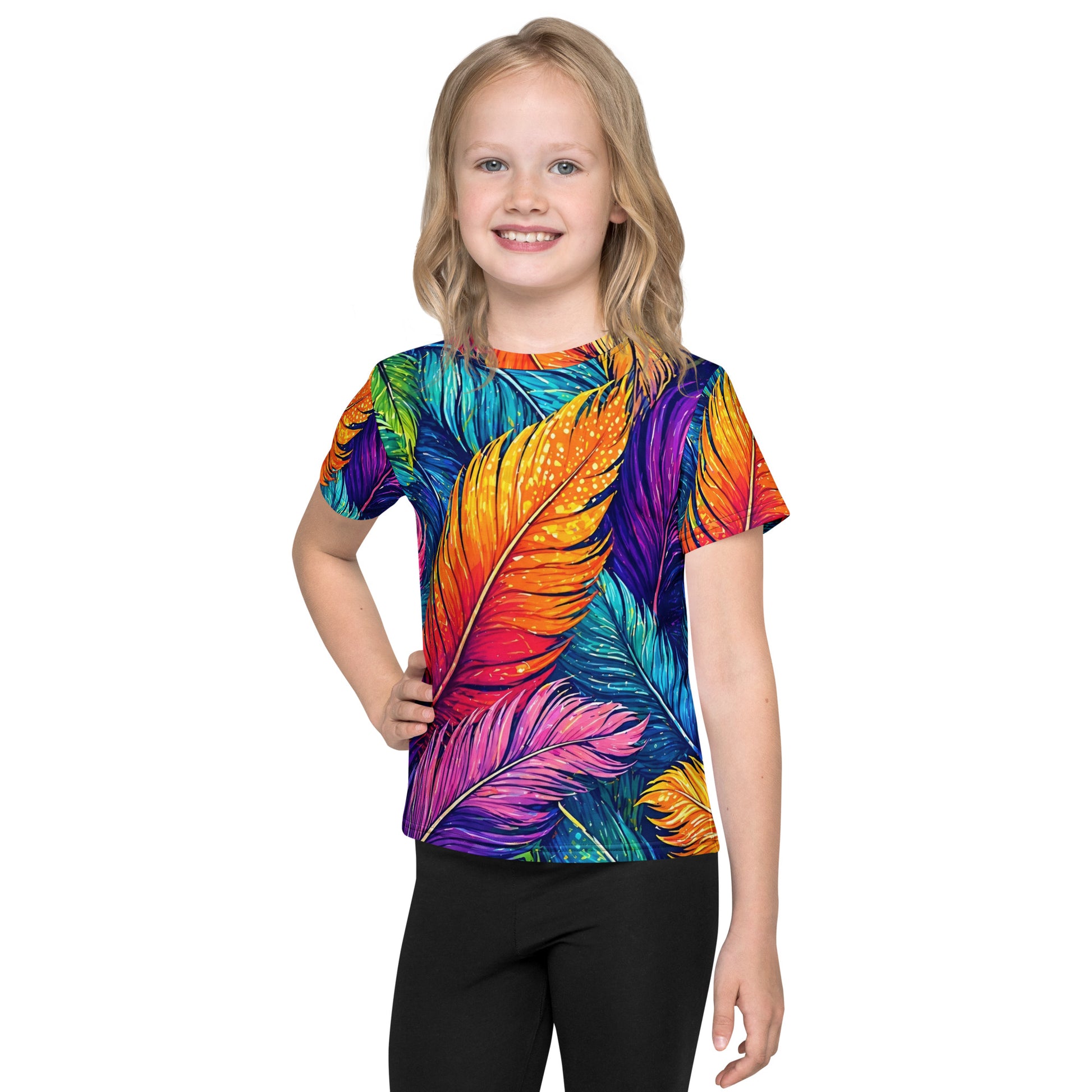 Kids crew neck t-shirt - Vibrant Colorful Feathers Kids All-Over Print Tee – Rainbow Magic Jungle Youth Crew Neck T-Shirt by printfluence.net