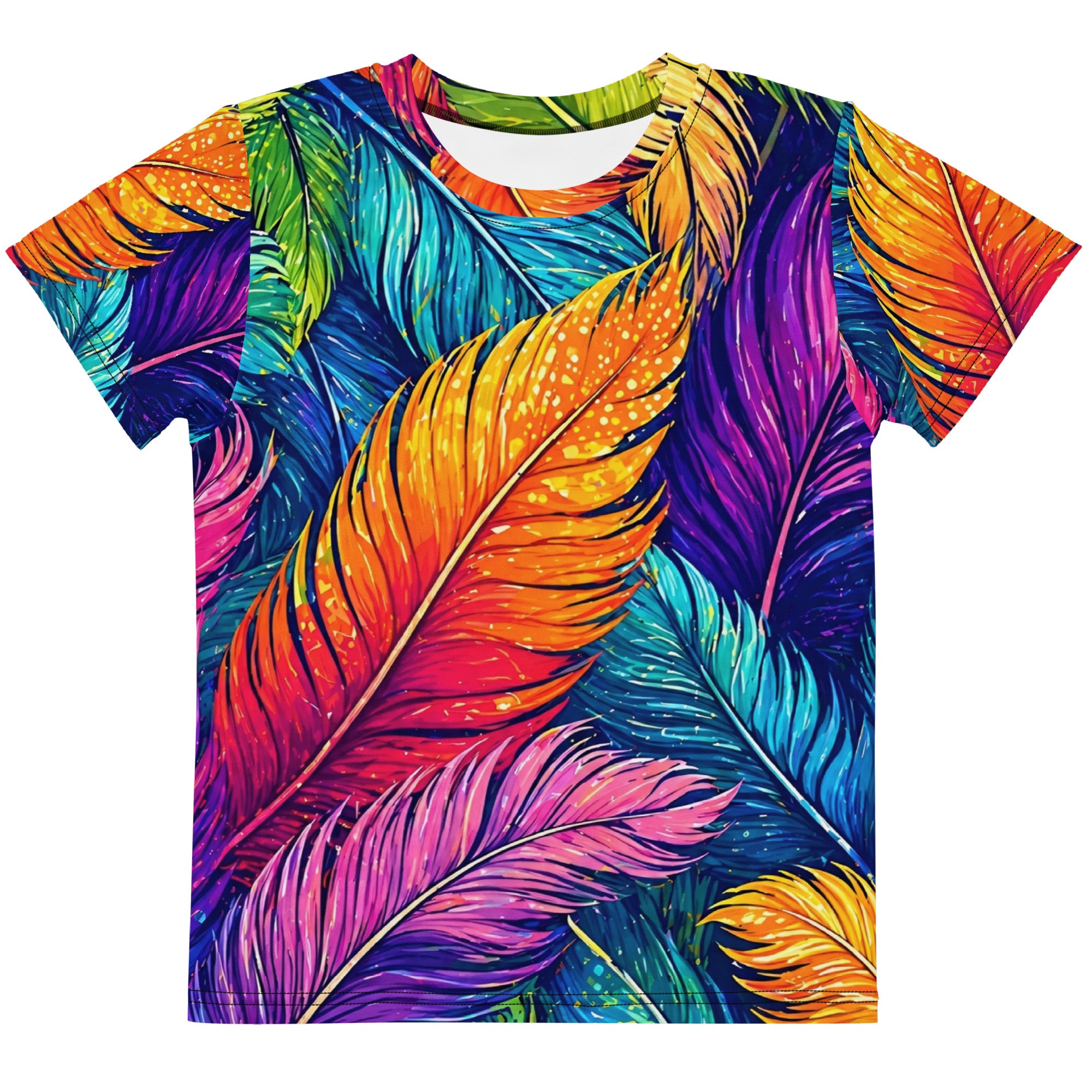 Kids crew neck t-shirt - Vibrant Colorful Feathers Kids All-Over Print Tee – Rainbow Magic Jungle Youth Crew Neck T-Shirt by printfluence.net
