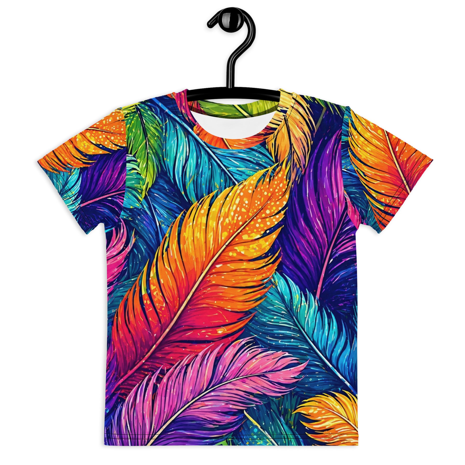 Kids crew neck t-shirt - Vibrant Colorful Feathers Kids All-Over Print Tee – Rainbow Magic Jungle Youth Crew Neck T-Shirt by printfluence.net