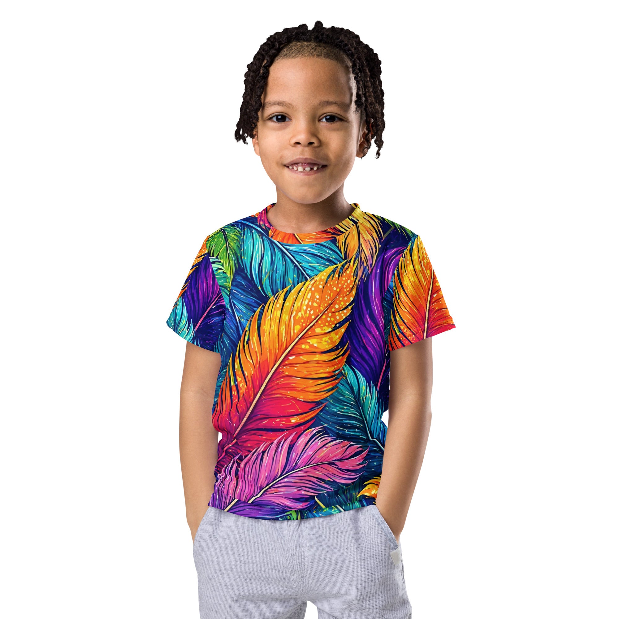 Kids crew neck t-shirt - Vibrant Colorful Feathers Kids All-Over Print Tee – Rainbow Magic Jungle Youth Crew Neck T-Shirt by printfluence.net