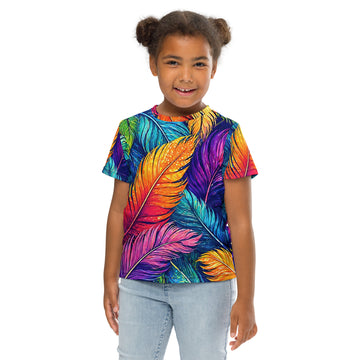Kids crew neck t-shirt - Vibrant Colorful Feathers Kids All-Over Print Tee – Rainbow Magic Jungle Youth Crew Neck T-Shirt by printfluence.net