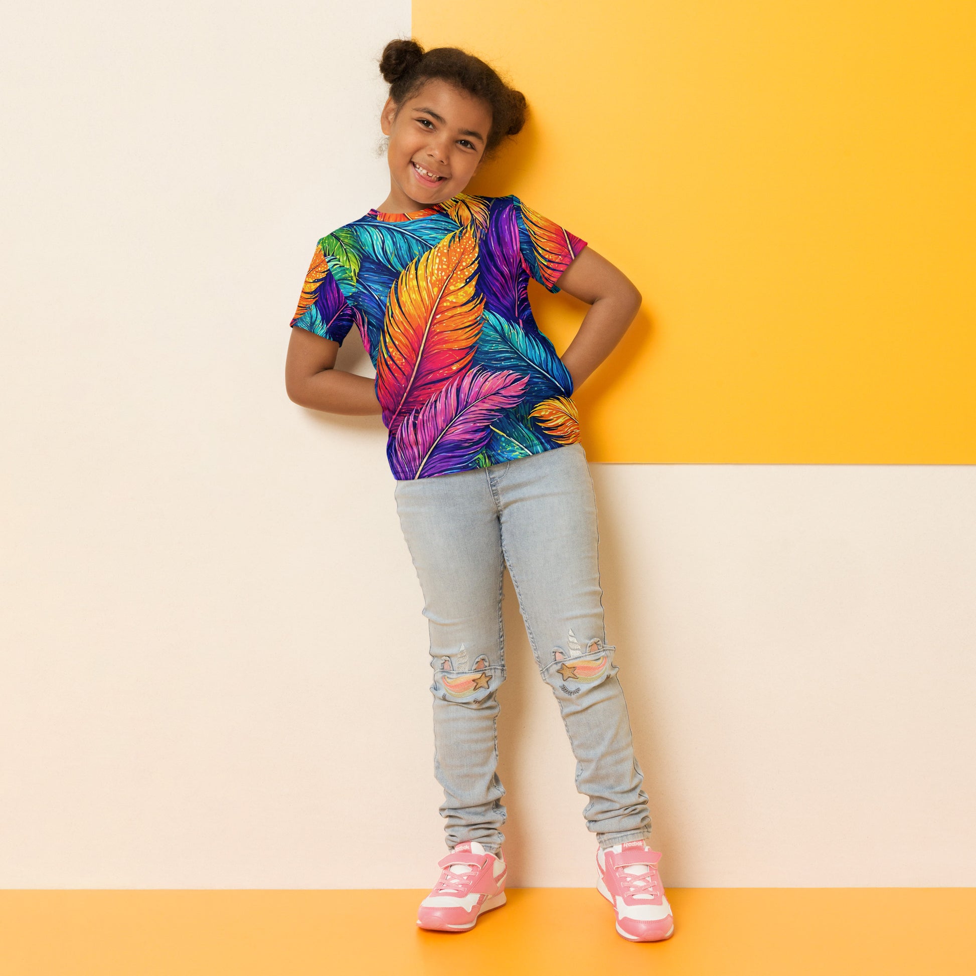 Kids crew neck t-shirt - Vibrant Colorful Feathers Kids All-Over Print Tee – Rainbow Magic Jungle Youth Crew Neck T-Shirt by printfluence.net
