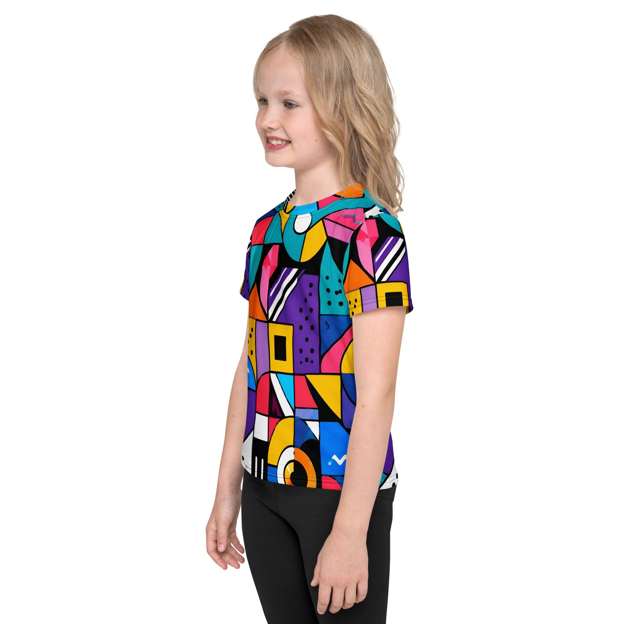 Kids crew neck t-shirt - Modern Geometric Pop Art Kids All-Over Print Tee – Vibrant Abstract Shapes Youth Crew Neck T-Shirt by printfluence.net