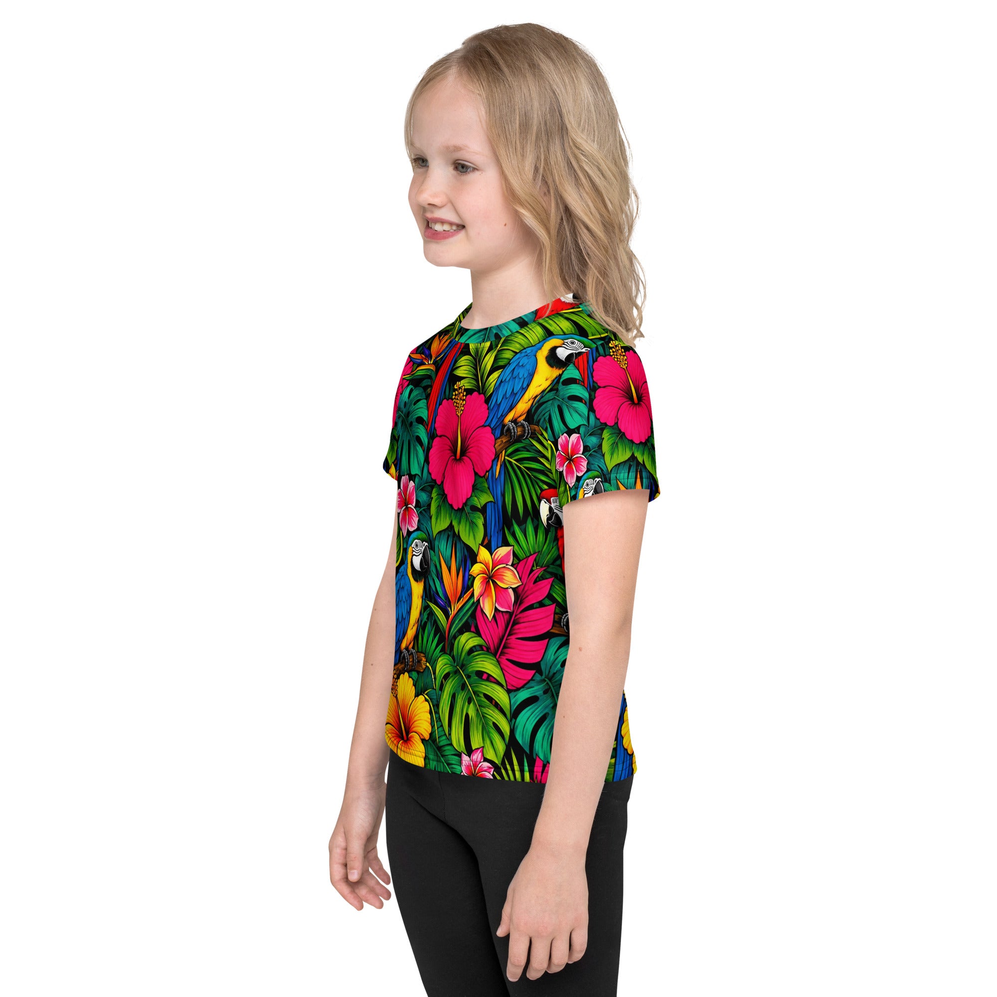Kids crew neck t-shirt -Vibrant Tropical Parrot Kids All-Over Print Tee – Colorful Macaw Jungle Youth Crew Neck T-Shirt by printfluence.net