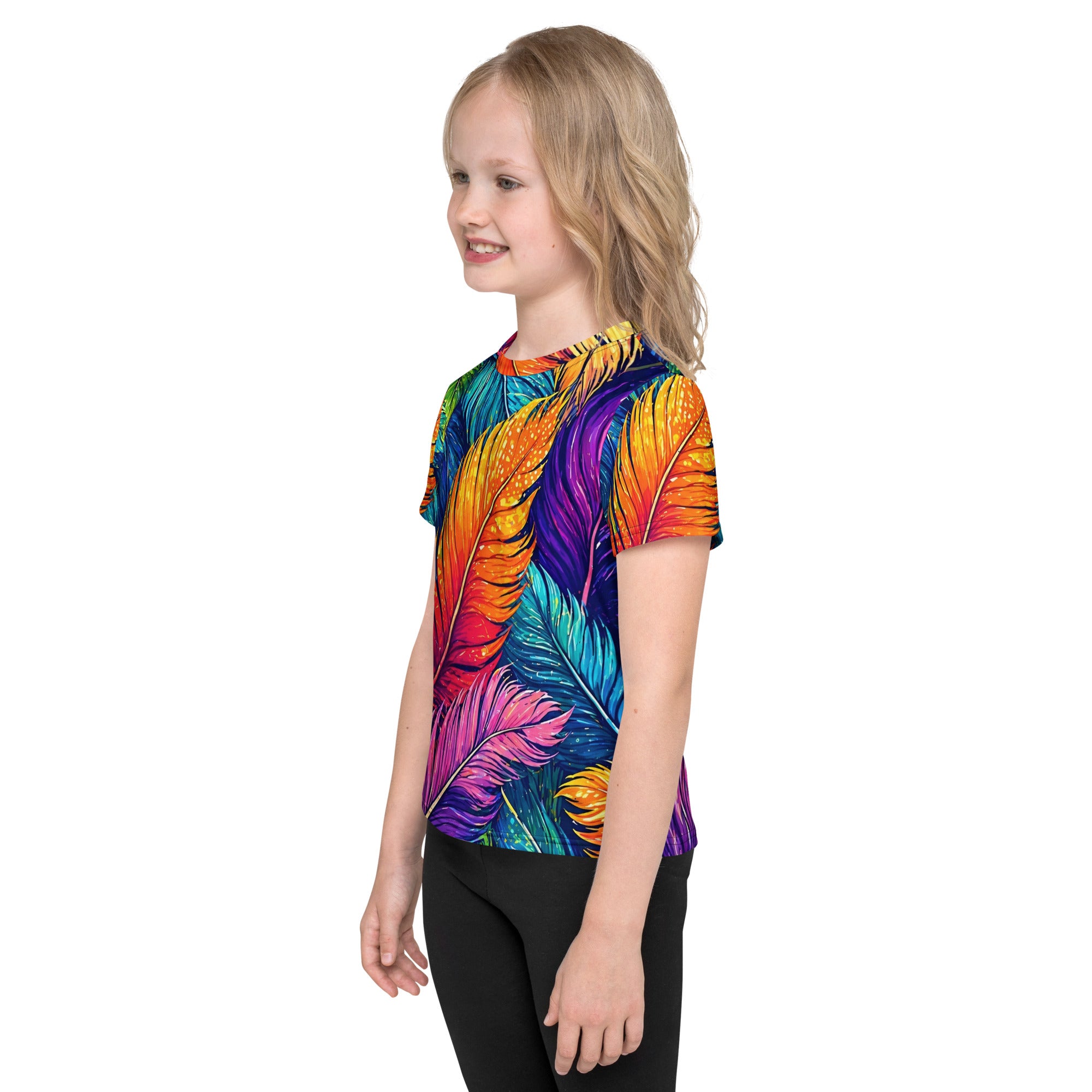 Kids crew neck t-shirt - Vibrant Colorful Feathers Kids All-Over Print Tee – Rainbow Magic Jungle Youth Crew Neck T-Shirt by printfluence.net