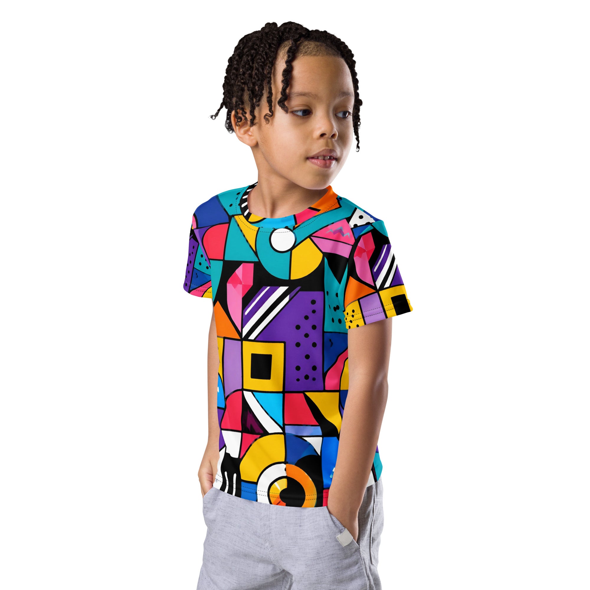 Kids crew neck t-shirt - Modern Geometric Pop Art Kids All-Over Print Tee – Vibrant Abstract Shapes Youth Crew Neck T-Shirt by printfluence.net